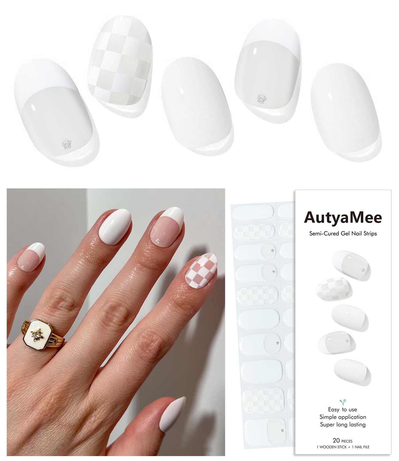 Semi Cured Gel Nail Strips (White Checkered), French, 20 Pcs Gel Nail Wraps, Stickers, UV Light Required, Salon Quality, Long Lasting