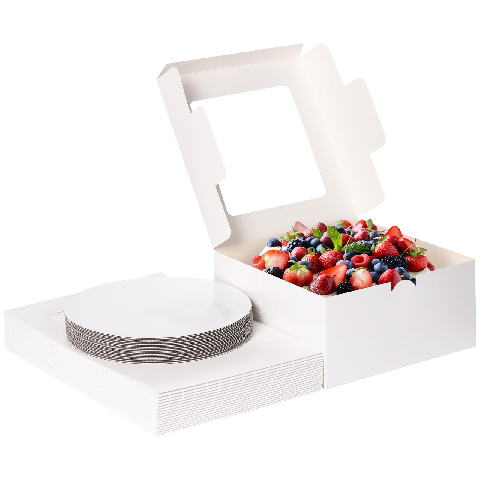 Moretoes Cake Boxes 20 Sets 10x10x5 Inches Cake Boxes Sets with Window, 20pcs White Bakery Cake Boxes and 20pcs 10 Inches Round Cake Boards