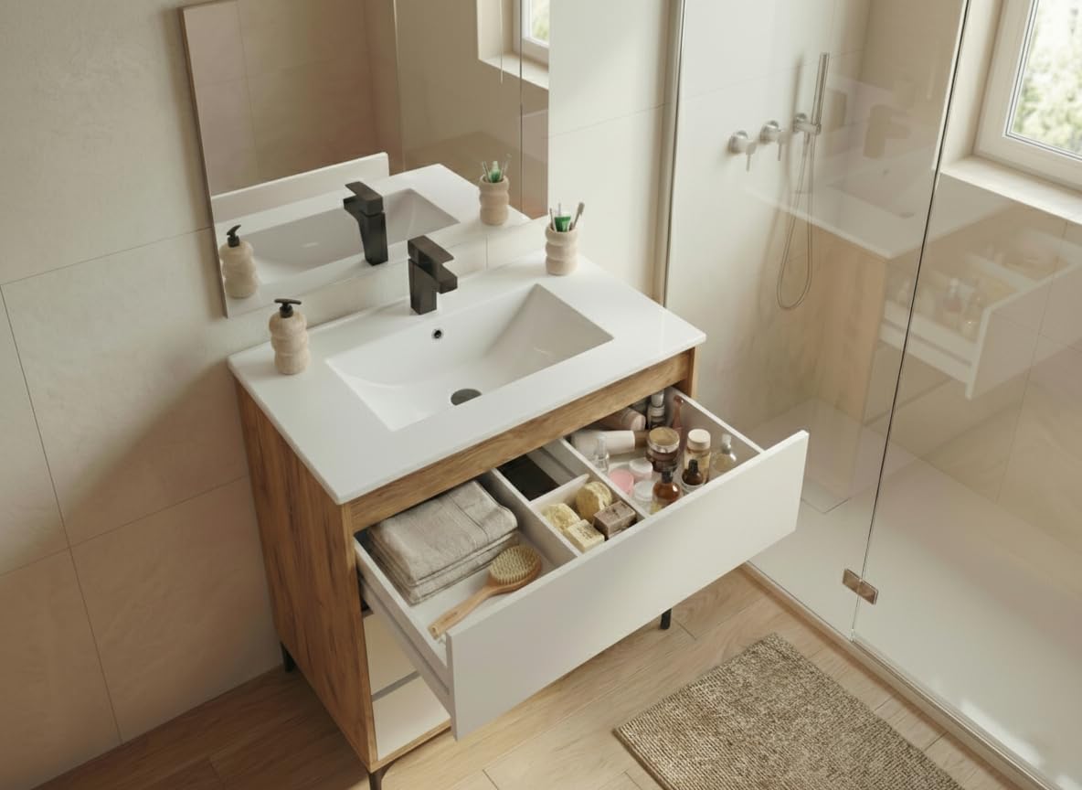 Mueble de Baño con Espejo Incluido, Roble Kraft/Blanco, 3 Cajones, 80cm, Ancho con Patas, para Lavabo encastrado NO Incluido, Estilo Moderno Modelo Elba