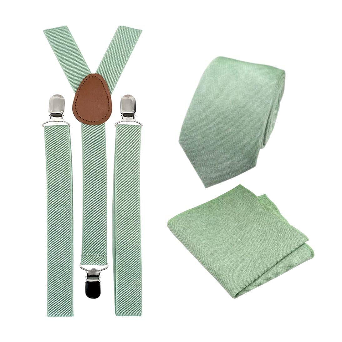 DB Dickie Bow Men's Luxury Cotton Blend Skinny Tie & Pocket Square (Sage Green) and Braces (Eucalyptus Green) Set - suitable for formalwear, office, weddings, parties, grooms & groomsmen outfits
