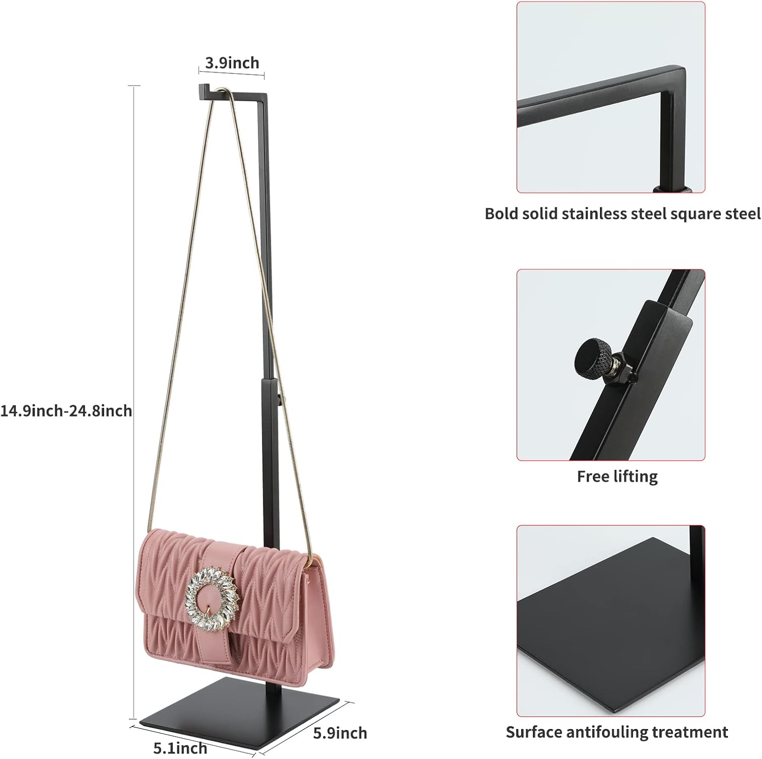 Purse Display Stand - 2 Pack Solid Black Bag Display Rack Stands, Counter Adjustable Height Stainless Steel Purse Handbag Holder Display Stand - Image 3