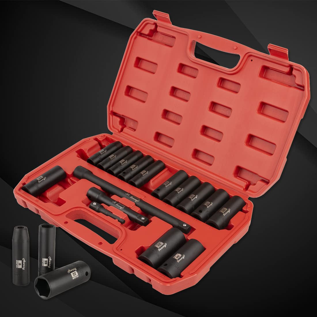 Awang Kraft, set di dadi per avvitatore a percussione, 1/2", 8-24 mm, con asta di prolunga da 5,10", 1/4 Adatper, 19 pezzi