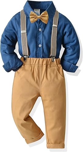 Traje de vestir para niños pequeños, conjuntos de ropa para bebés, camisas con corbatín, tirantes, pantalones, 4 piezas, trajes de caballero, trajes