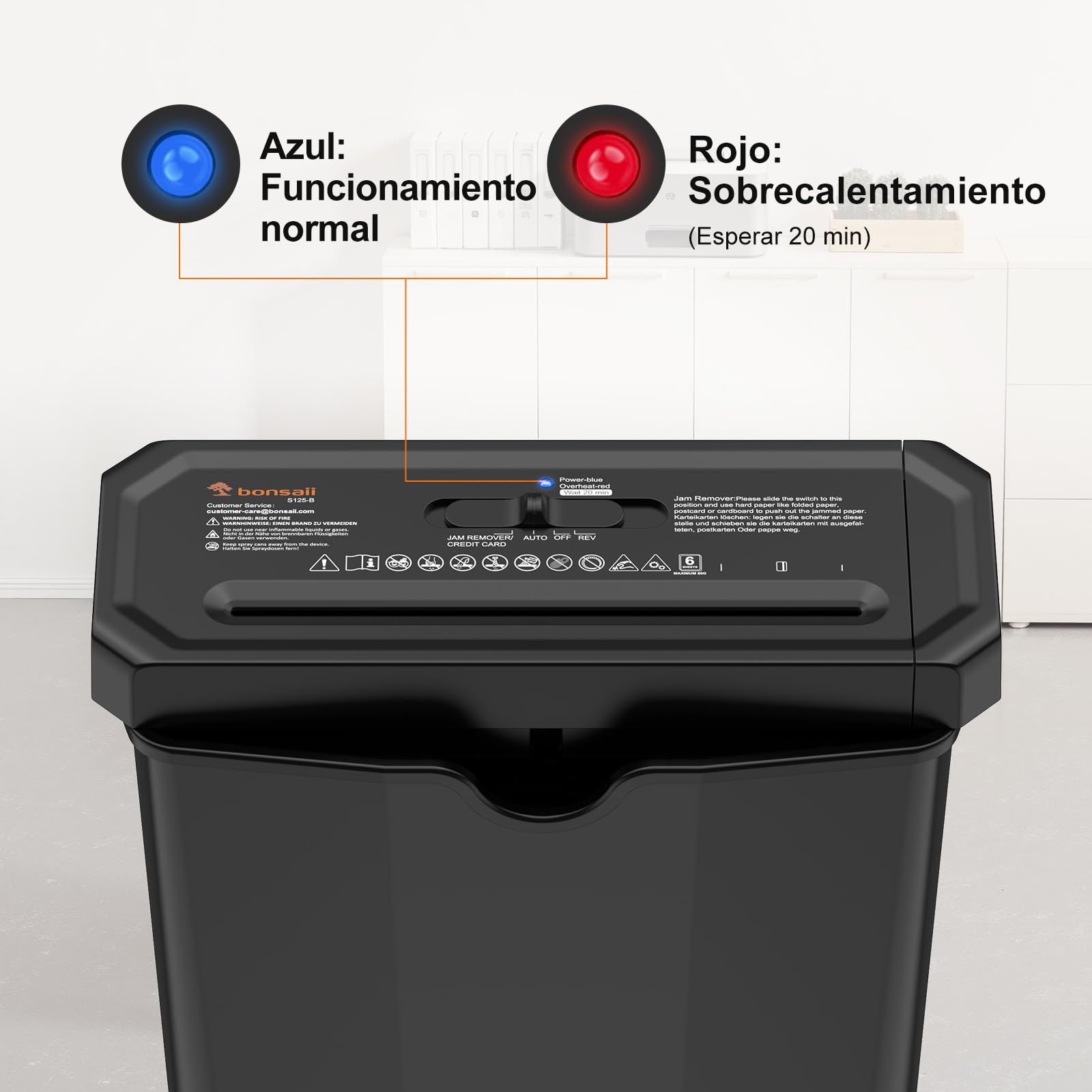 Bonsaii Destructora de Papel de 6 Hojas con Corte en Tiras para Oficina en casa, con función de triturar tarjetas de crédito, adecuada para cestos de basura de 315 a 395 mm, con Papelera de 7L, S125-B