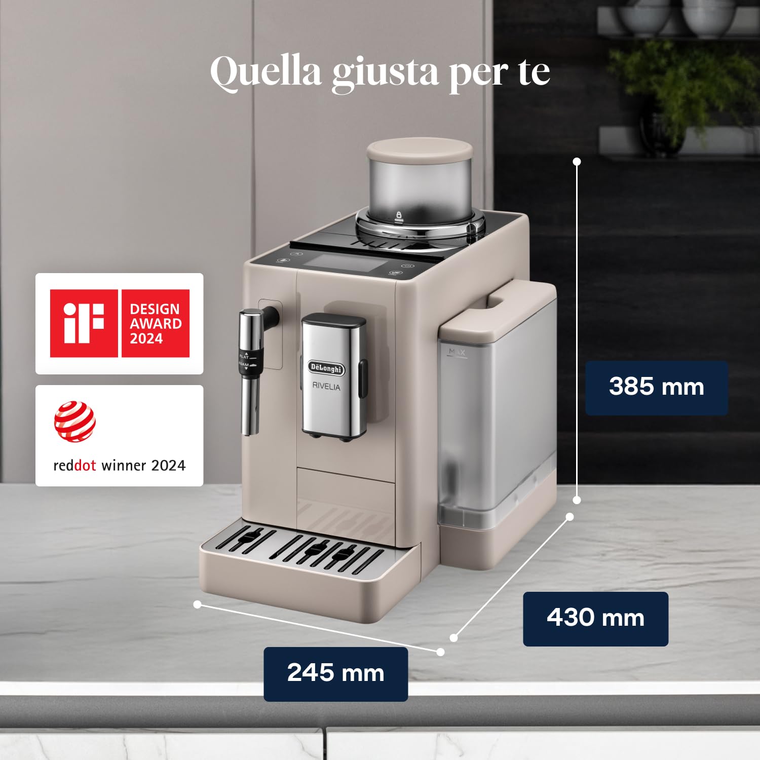 De’Longhi Rivelia – Perfetto Macchina da Caffè Automatica, Montalatte Classico, 8 Bevande in un Solo Tocco, Display Touch a Colori, Contenitori Chicchi di Caffè Intercambiabili, Beige (EXAM440.35.BG)