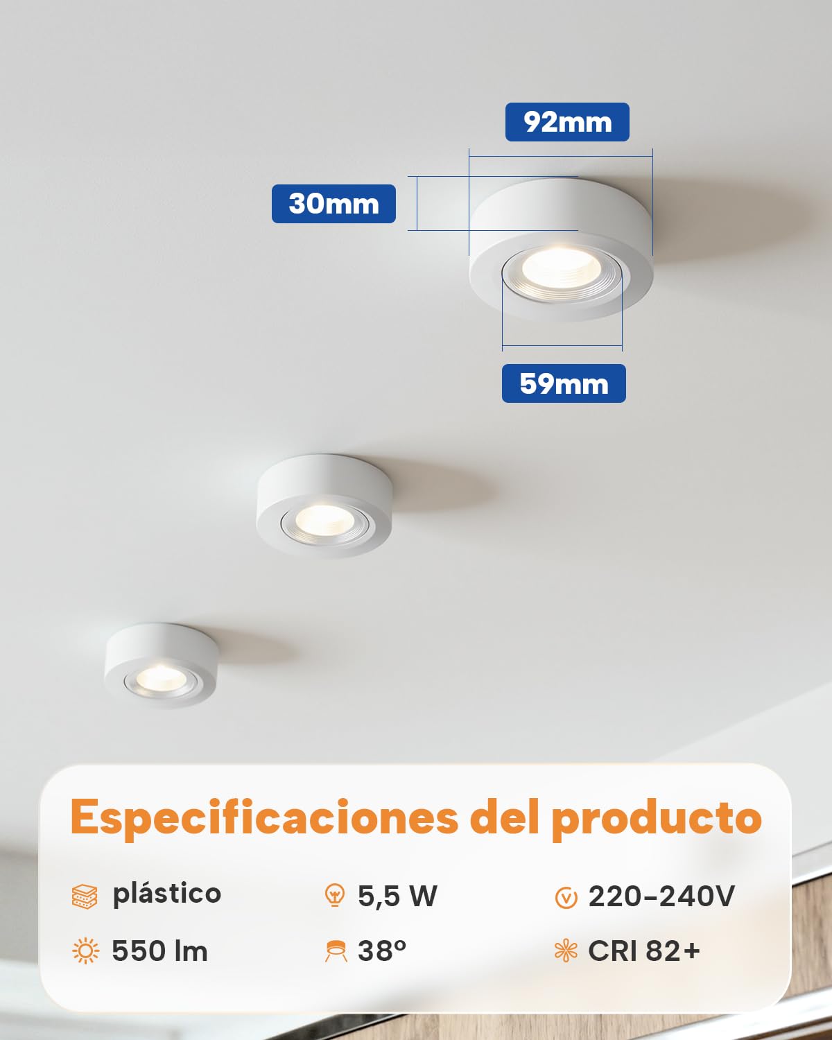 wowatt 6 Piezas Focos LED Interior Techo Superficie Blanco, Orientables 30° | 30mm x 92mm, 220-240V, Focos Superficie Techo Regulables Luz Calida Luz Neutra Luz Frío, 5.5W, 550LM, Plástico, Redondo