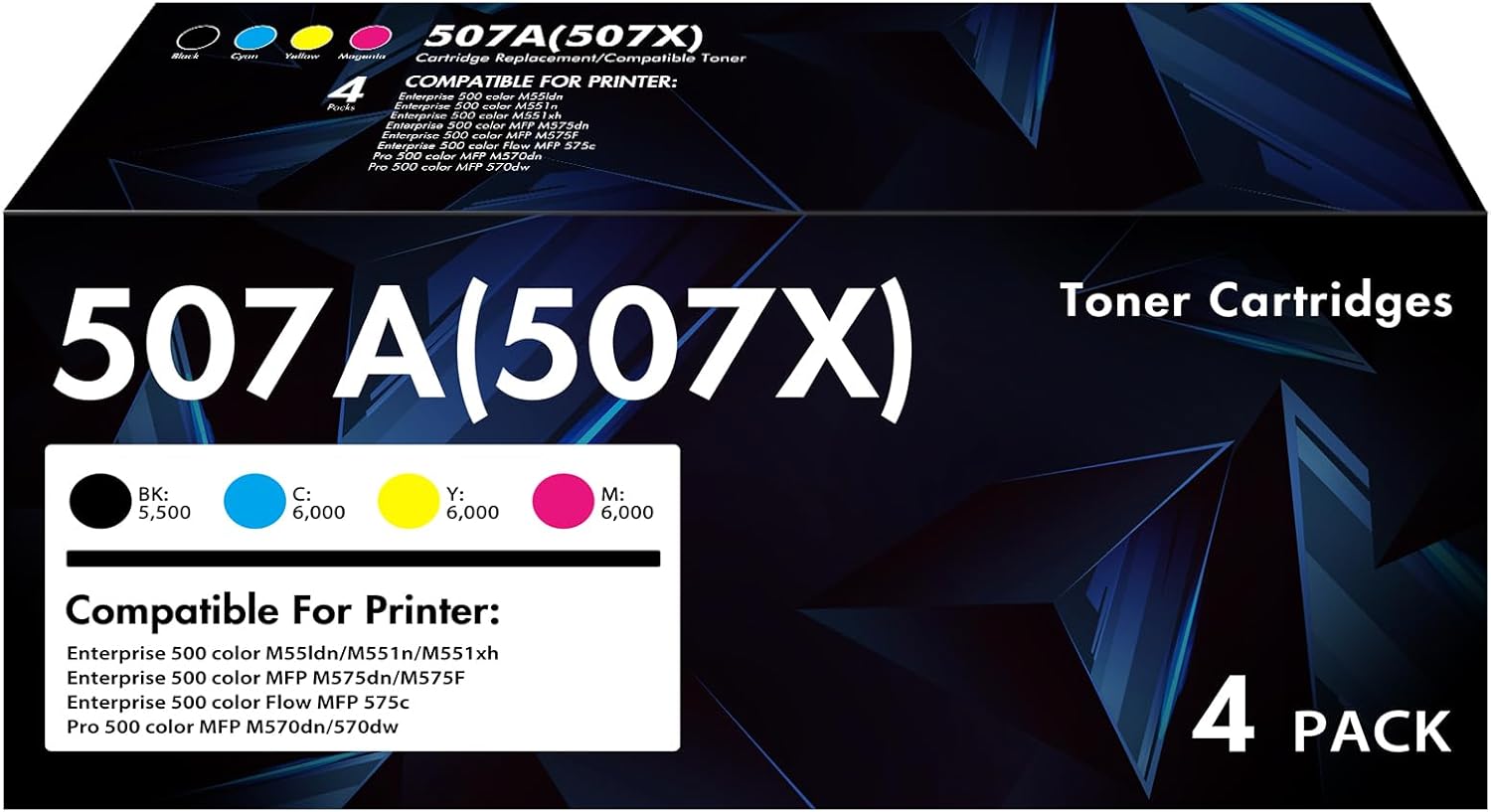 507A Toner Cartridge 4-Pack Compatible Replacement for HP 507A 507X CE400A CE401A CE402A CE403A 500 Color M551 Toner Cartridges for Enterprise M551 M551n M551dn M551xh M570dn M570dw M575f Printer