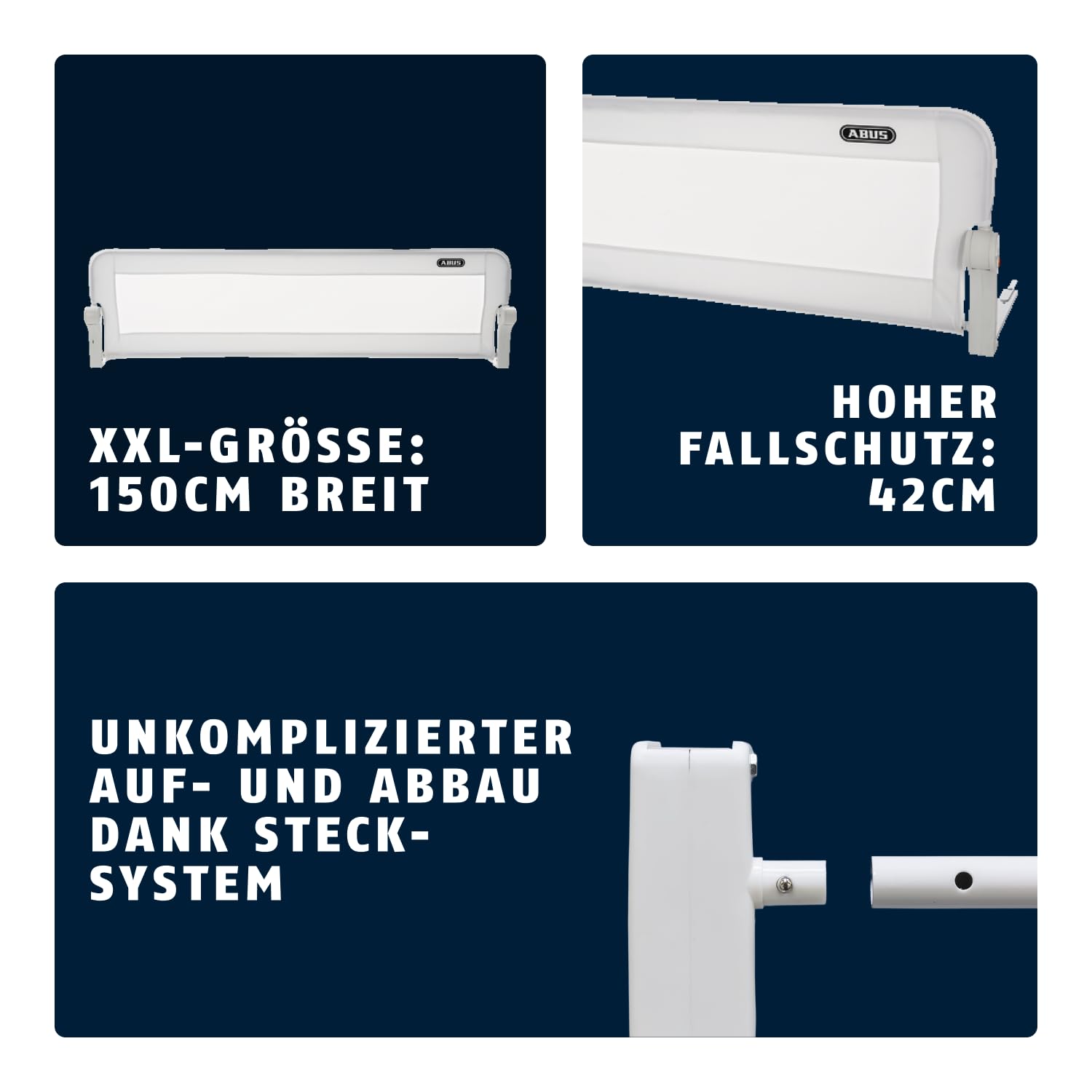 ABUS Bettgitter Eric für Babys und Kinder - Rausfallschutz für Elternbetten, Kinderbetten, Familienbetten - faltbar für Reisen - Bettschutzgitter 150 cm - Weiß
