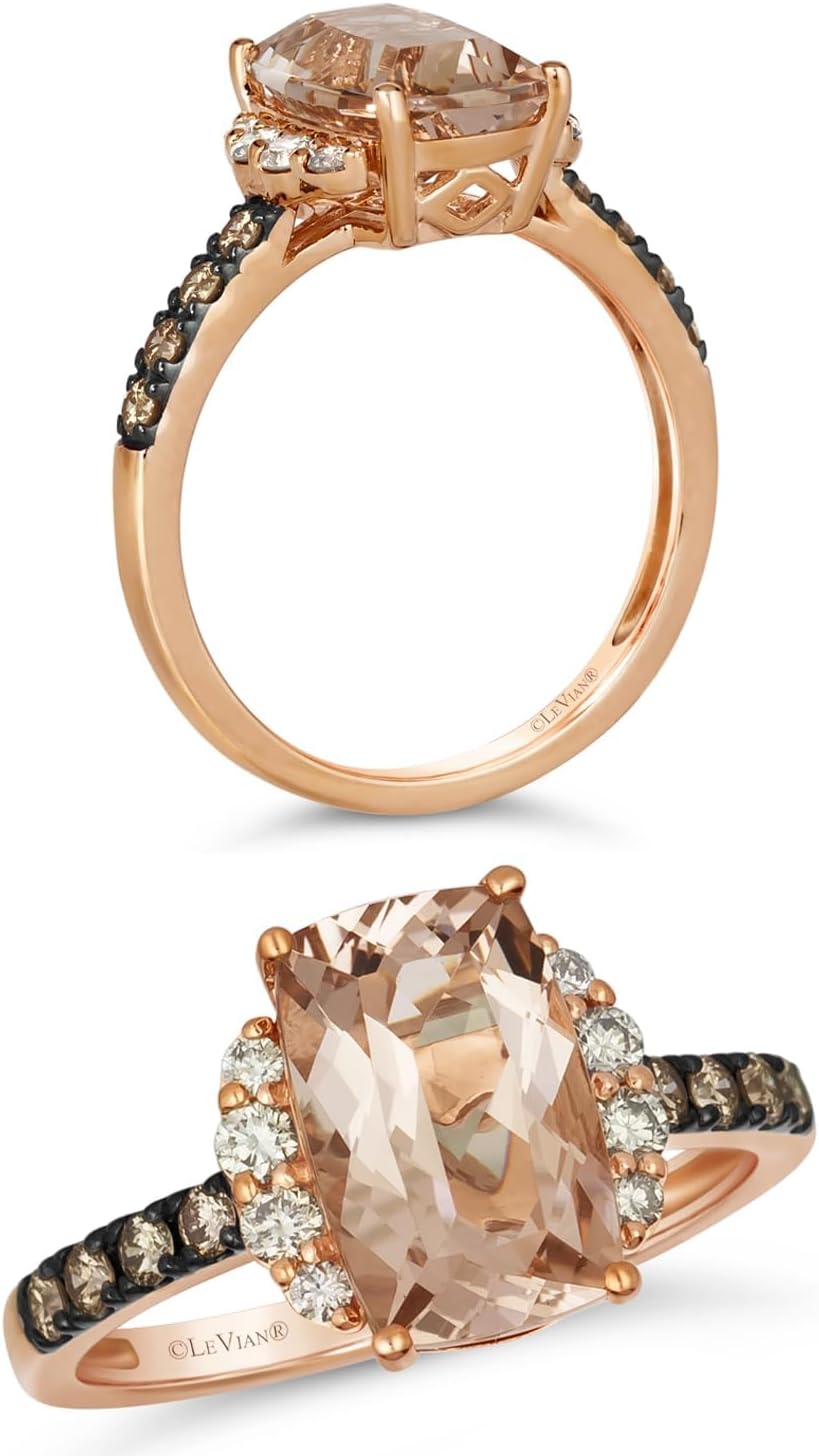 LE VIAN 1/3 Carat White and Chocolate Diamond Ring for Women with 2 1/3 Carat Cushion Cut Champagne Morganite | 14k Rose Gold Ring for Her (White, Brown, 0.34 cttw) Promise Wedding Band Size 6 to 8