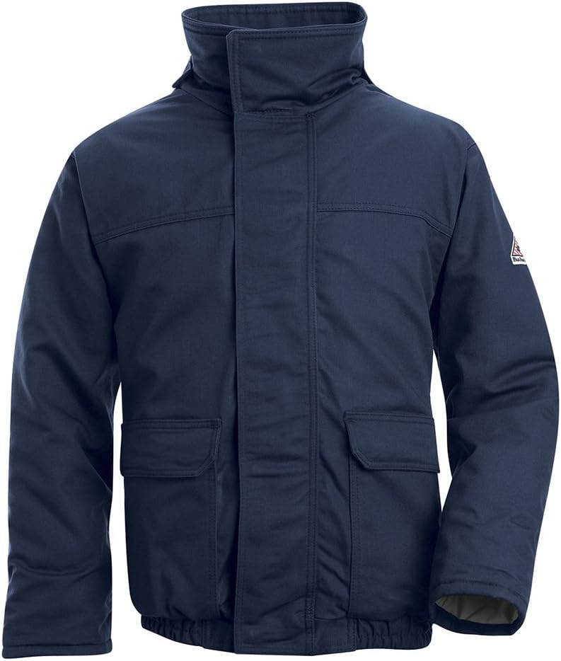 Bulwark Flame Resistant 7 oz Twill Cotton/Nylon Excel FR ComforTouch Long Insulated Bomber Jacket with Fully Insulated Stand-up Collar, Knit Storm Cuff, Navy, 2X-Large