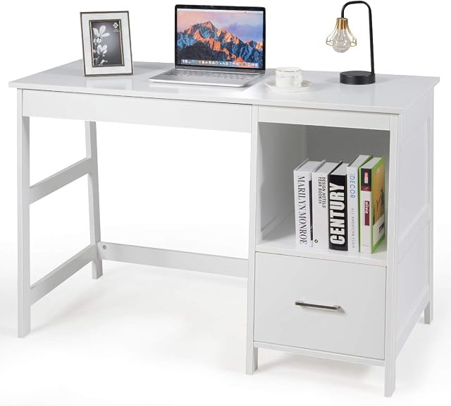 COSTWAY Computer Desk, Wooden PC Laptop Table Writing Workstation with Drawers and Shelf, Home Office Bedroom Work Study Desk (White)