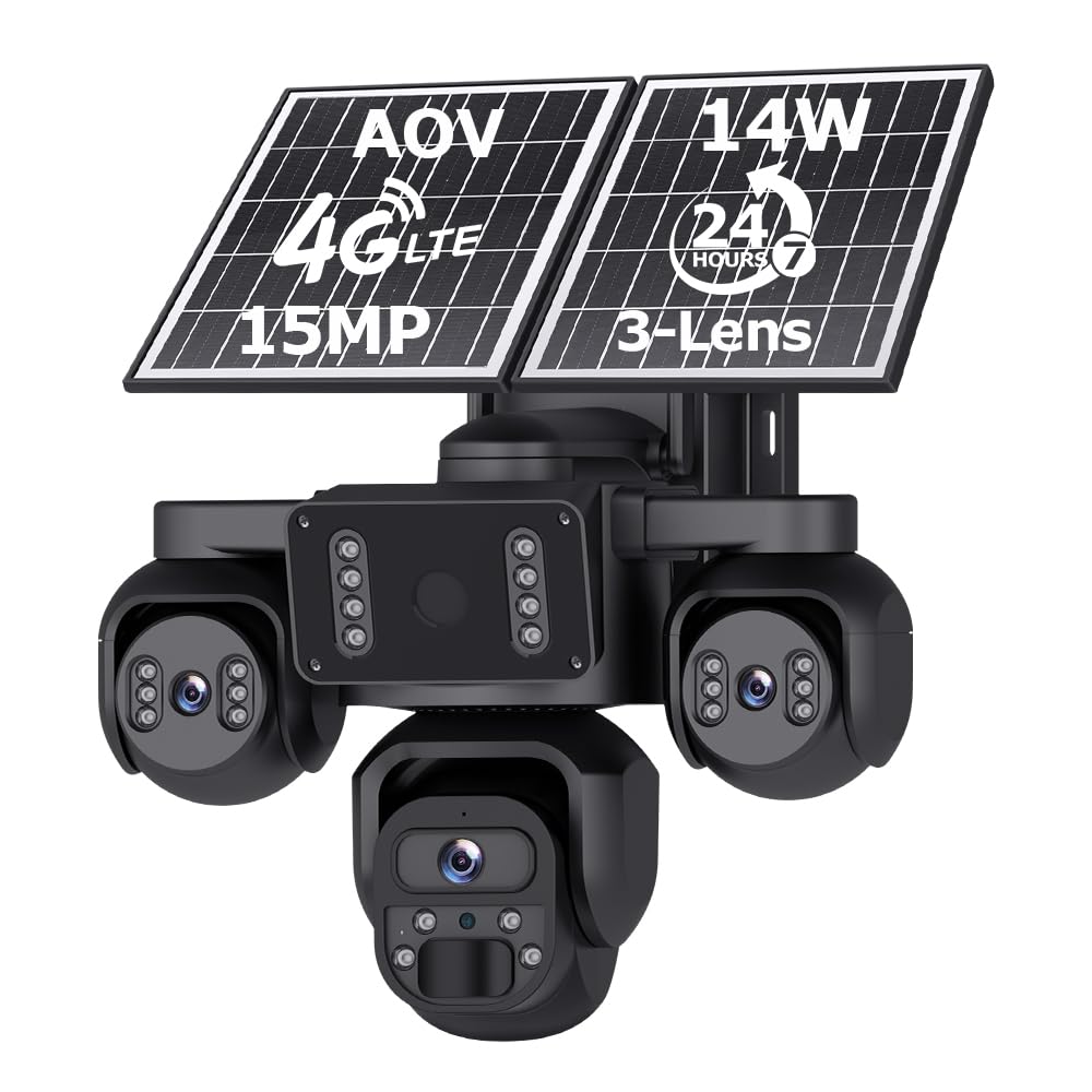 Shiwojia Dark/Light 4G Aov Solar Camera Triple-Lens Ptz Camera, 20100 Mah Outdoor Wireless Camera, 15Mp Hd Person Detection, 14W Solar Panel 24/7 Continuous Recording, Ip66 Color Night Vision