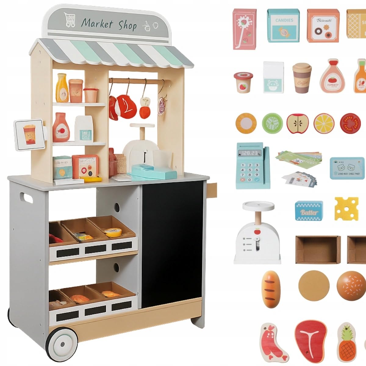 Mibbi Holzladen für Kinder zum Spielen, Supermarkt, Gemüsehäuser, Verkaufsstand, 3 Jahre +, Holz und MDF, 59 Elemente, Zubehör, Gewicht, Kasse, 60/73x29.5x105cm, 14.5kg