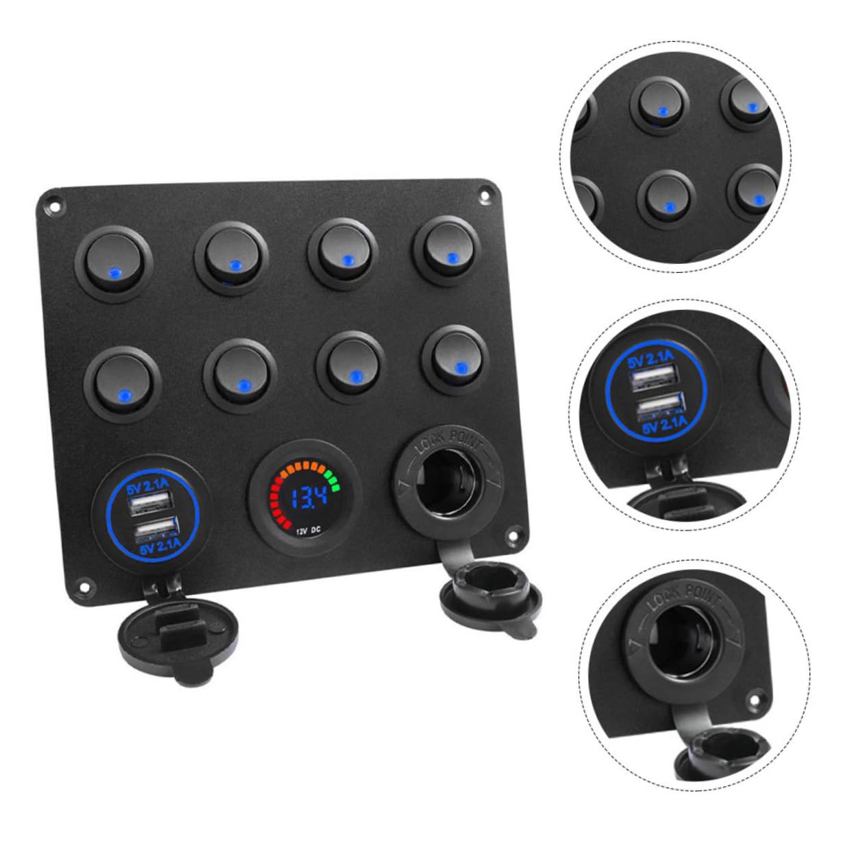 1Set Durable Car Switch Panel with Dual USB Charger and Digital Voltmeter for Boat Rv Caravan and Vehicle Lighting Pre Wired Assembly with Switches and Voltage