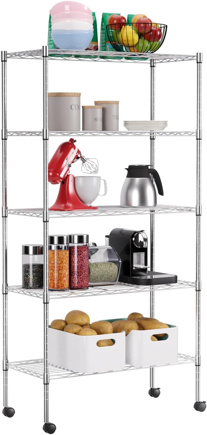 FDW Adjustable Storage Shelves 5-Tier Wire Shelving Unit Heavy Duty Metal Shelves with Wheels 14”Dx30”Wx61”H Storage Shelf Rack for Home Kitchen Commercial, Chrome