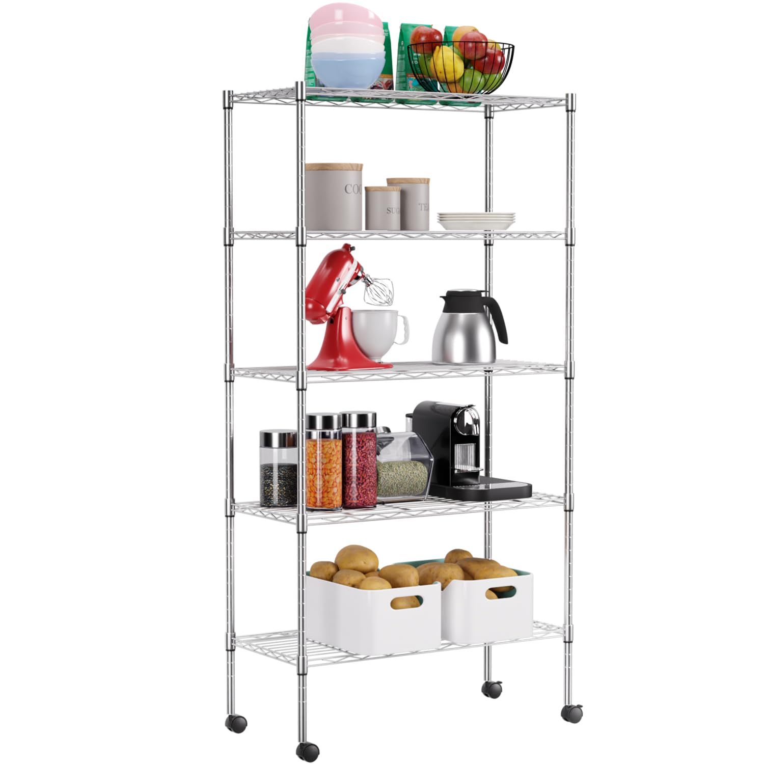 FDW Adjustable Storage Shelves 5-Tier Wire Shelving Unit Heavy Duty Metal Shelves with Wheels 14”Dx30”Wx61”H Storage Shelf Rack for Home Kitchen