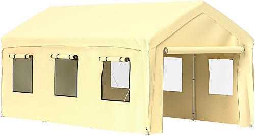 Happybuy Cochera mejorada, toldo de coche de 10 x 20 pies, refugio de garaje resistente con 8 patas, paredes laterales y ventanas extraíbles, tienda
