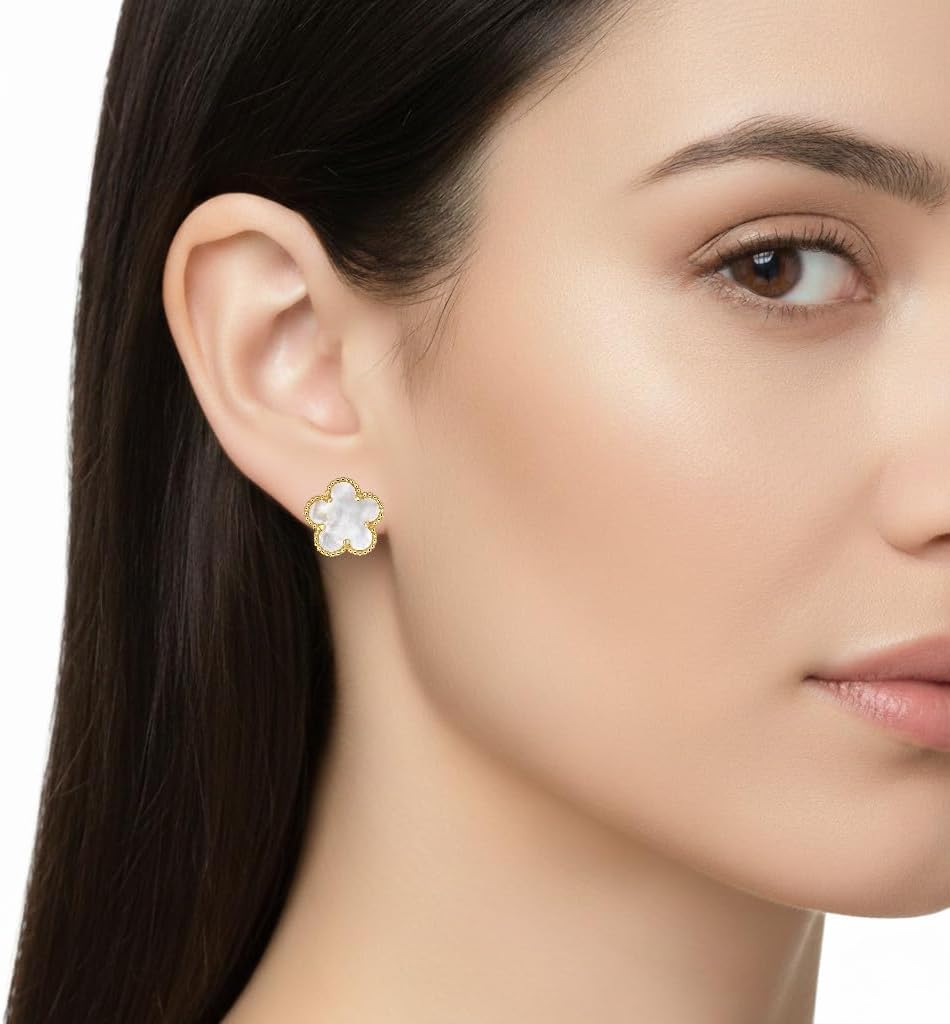 925 Sterling Silver 14K Yellow Gold Plated Hawaiian Plumeria Clover Flower Motif Beaded Stud Earrings, Nickle Free Hypoallergenic for Sensitive Skin, with Gift Box
