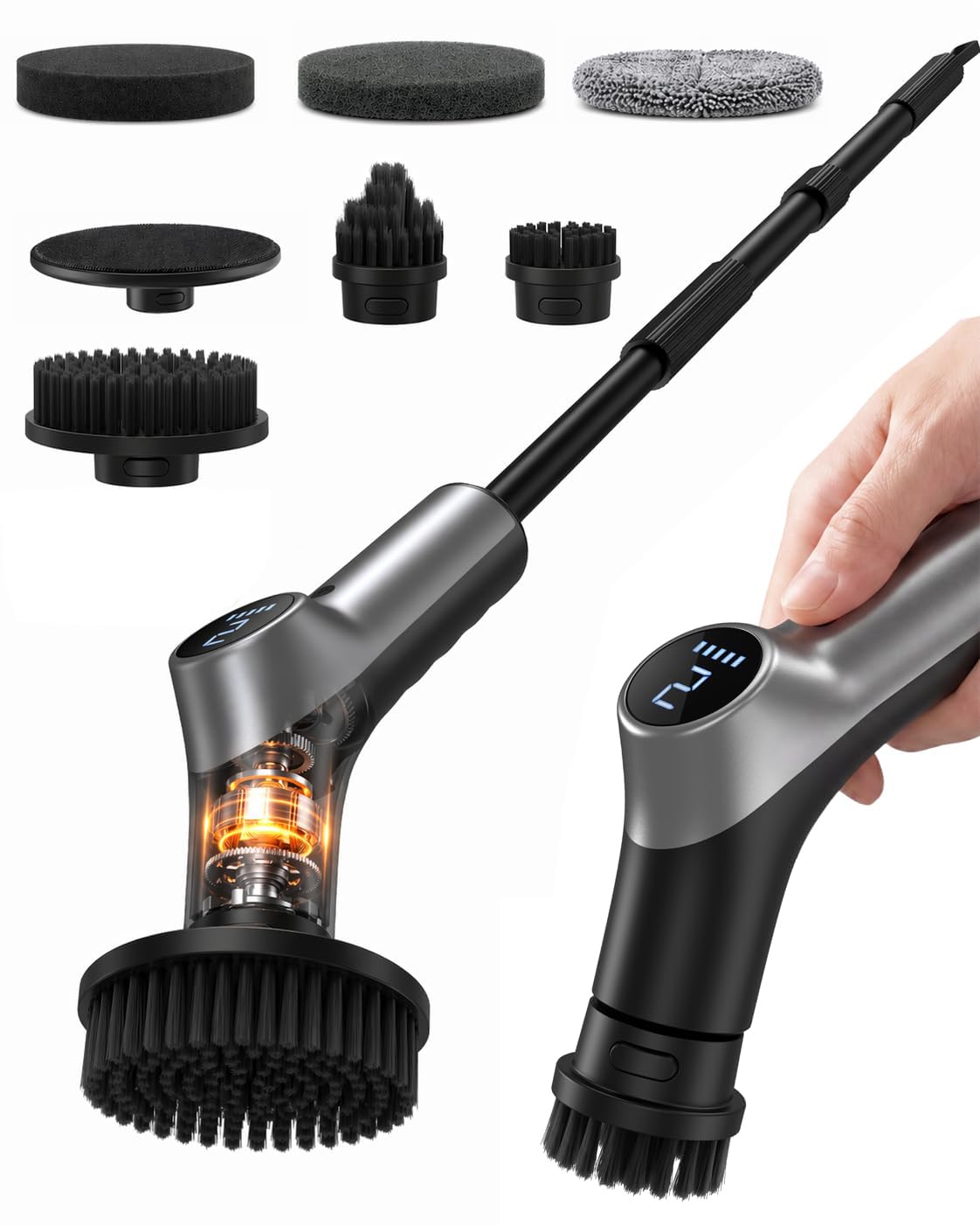 Electric Spin Scrubber for Bathroon,IPX7 Cordless Power Shower Scrubber with 6 Replaceable Brush Heads,120 Mins Runtime Electric bathroom scrubbing brush with Adjustable Handle and Durable Brush Head
