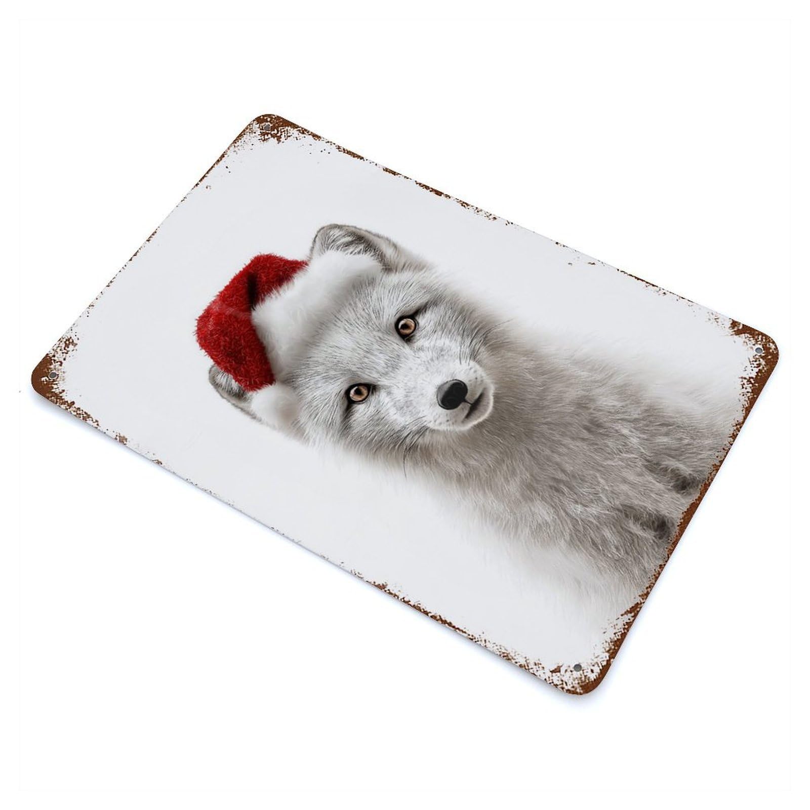 Retro Metal Sign FOX with Santa Hat 11.8"x7.9", Retro Wall Decor for Living Room, Hallway And Home Decor