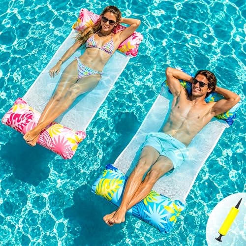 Pool Hammock Floats Adults 2 Pack 4 IN 1 Multi-Purpose Inflatable Swimming Pool Floats Water Hammock PVC Material Pool Toys Inflatable Hammock Lounger Floaties with Air Pump (Blue+Red)
