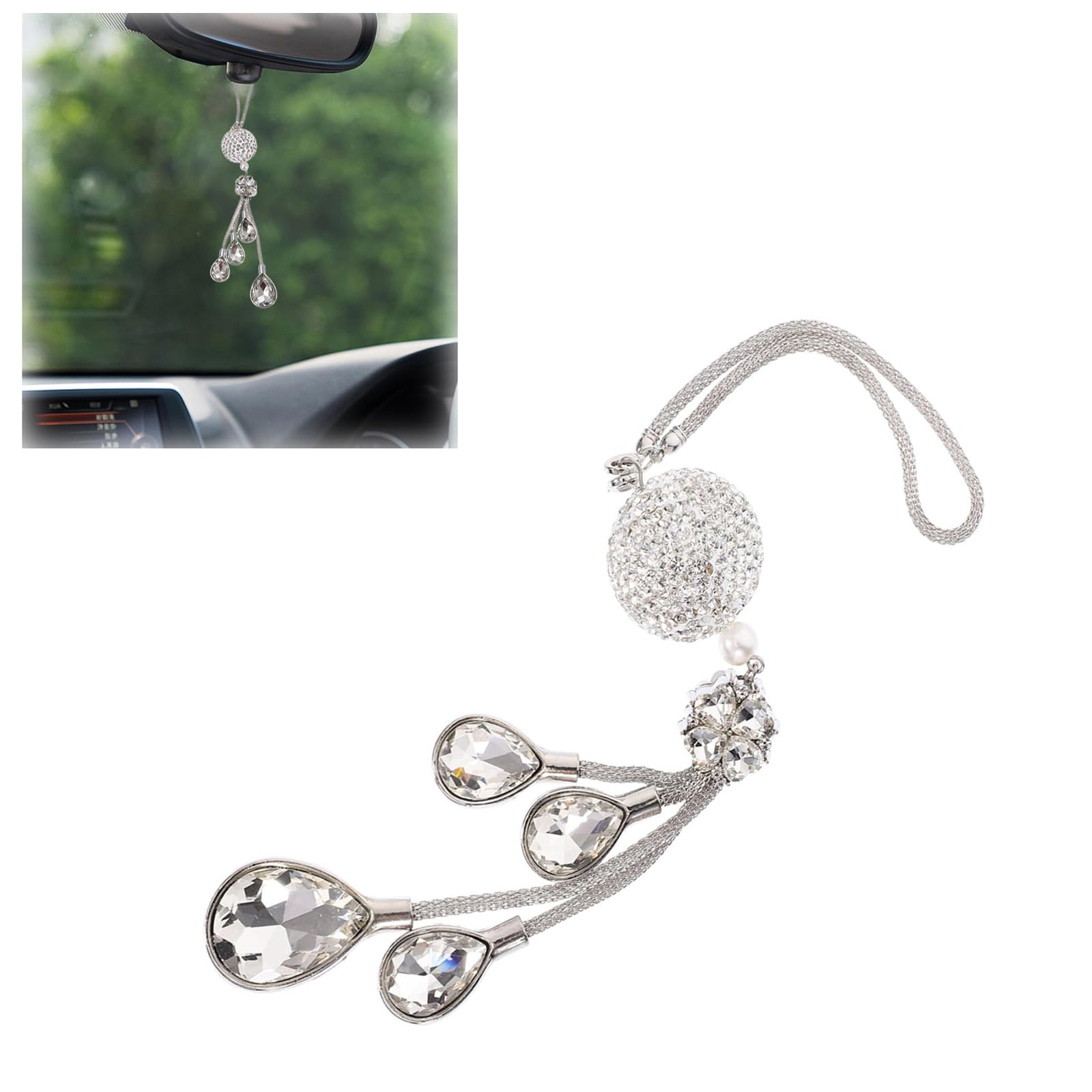 Sparkling White Crystal Ball Car Hanging Accessories - Elegant Rear View Mirror Pendant Charms for Women and Girls - Bling Car Sun Catcher Ornament - Interior Decor and Accessories