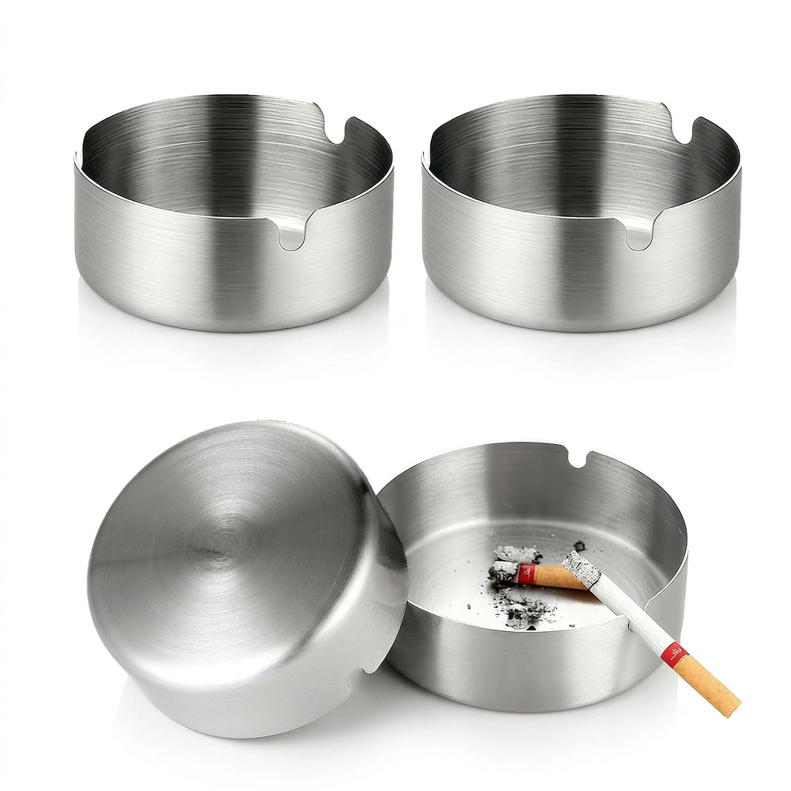 4 PCS Stainless Steel Ashtray Set, 8cm Diameter Small Round Ash Trays with 3 grooves for Home, Office, Bars - Indoor & Outdoor Use (Silver)