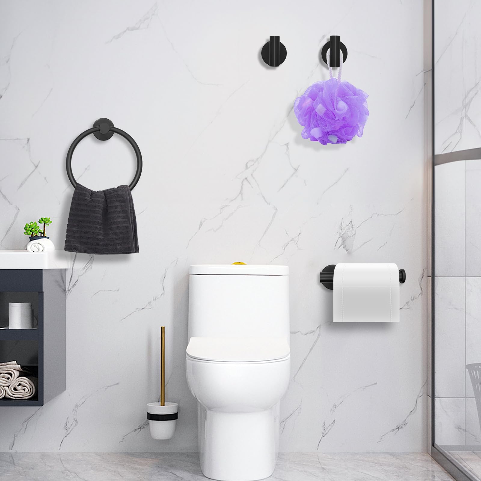 Juego de accesorios de baño negro mate, soporte de papel higiénico montado en la pared de acero inoxidable, anillo de toalla y 2 prácticos ganchos para accesorios de baño modernos, juego de ganchos 7