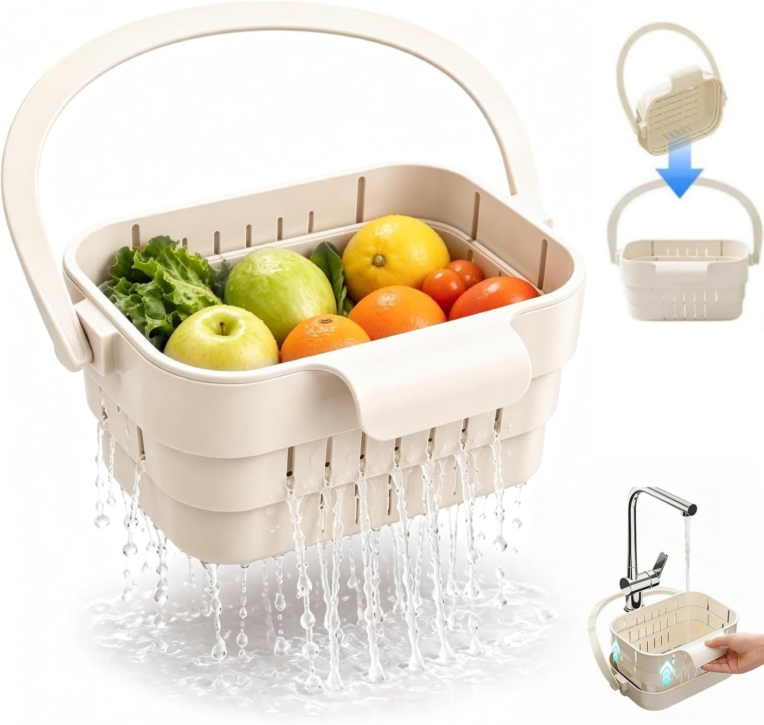Foldable Hanging Sink Drain Basket – Stretchable Kitchen Colander with Flip Cover, Space-Saving Food Strainer & Multi-Functional Faucet Storage Rack, Draining for Fruits, Vegetables, Utensils (White)