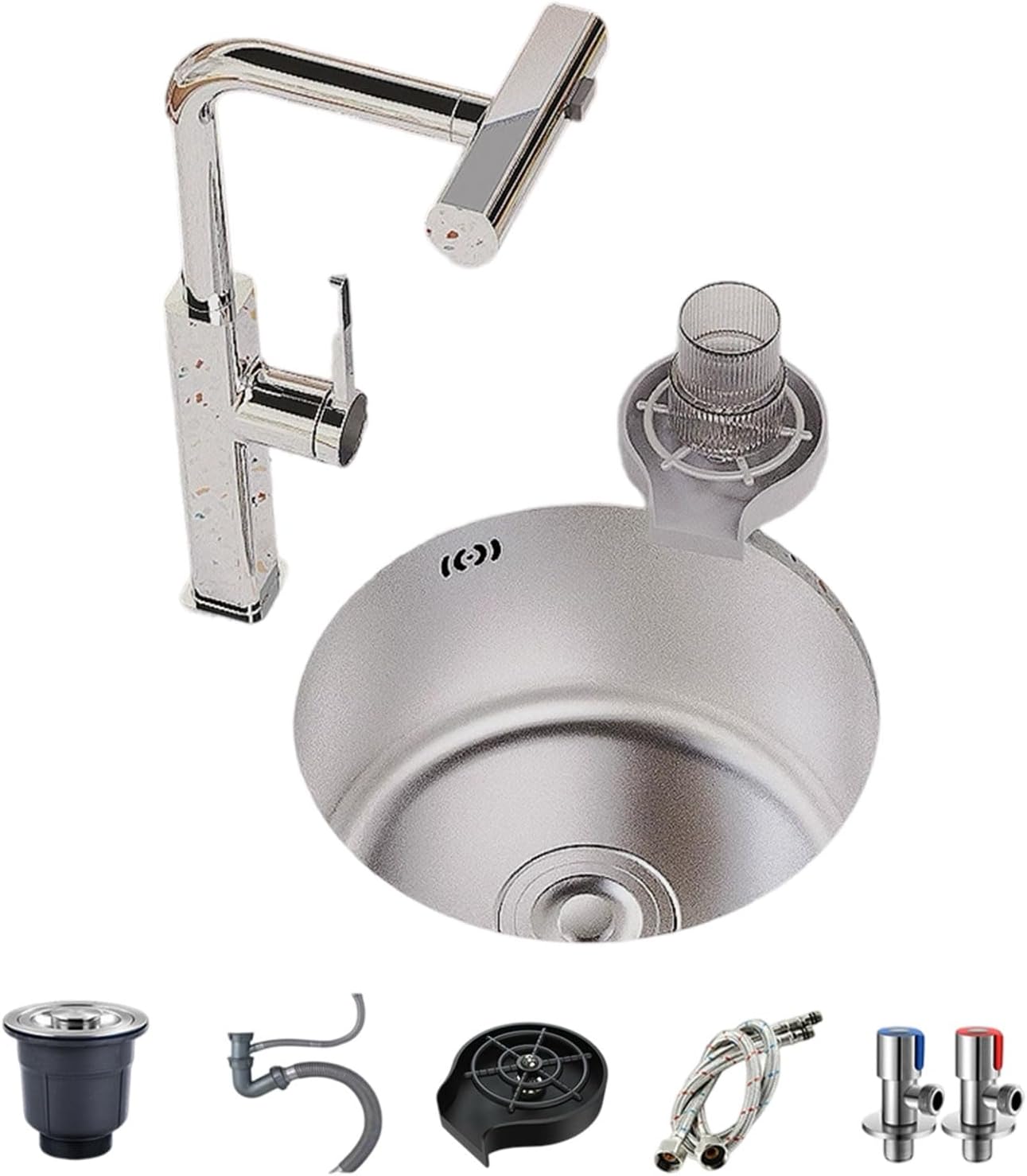Kitchen Sink Round Kitchen Sink Undermount/Topmount Workstation Sink Stainless Steel Sink with Pull-Out Faucet Silent Operation for Caravans, Kitchens, Dining Rooms and Bars