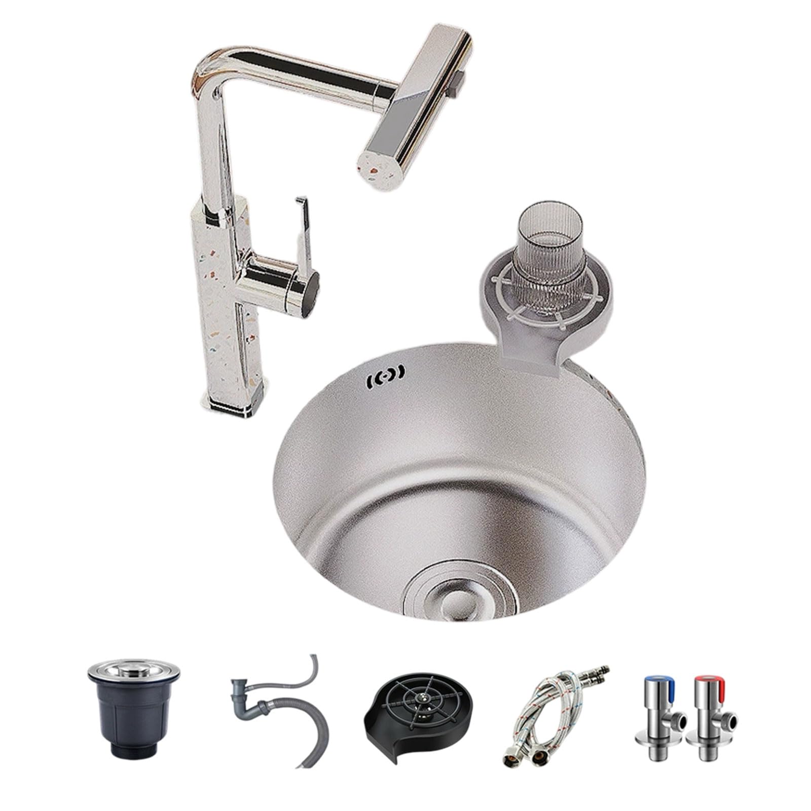 WBJGUOD Kitchen Sink Round Undermount/Topmount Workstation Stainless Steel with Pull-Out Faucet Silent Operation for Caravans, Kitchens, Dining Rooms and Bars