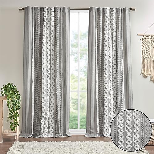 INK+IVY Imani 100% Cotton Single Panel Curtain Tufted Chenille Stripe Geometric Print Mid-Century Look Rod Pocket Top Drape for Living Room, Privacy Window Treatment for Bedroom, 50" x 84", Grey