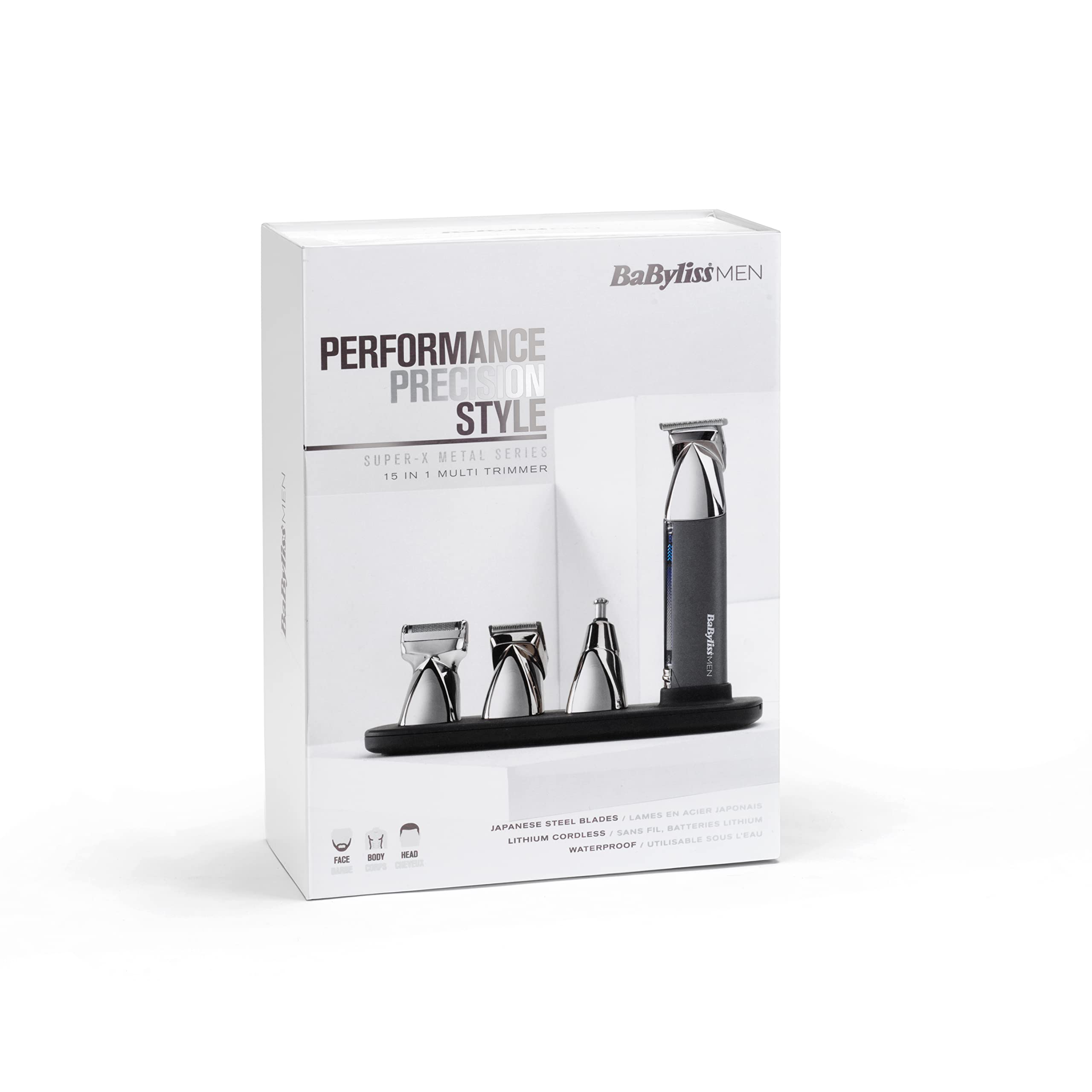 BaByliss Super-X Metal 15-in-1- Multi-Trimmer – Kabelloses Grooming-Kit inklusive Barttrimmer und Nasenhaarschneider, wasserdicht, Geschenk für Männer, Silber/Grau, MT996E