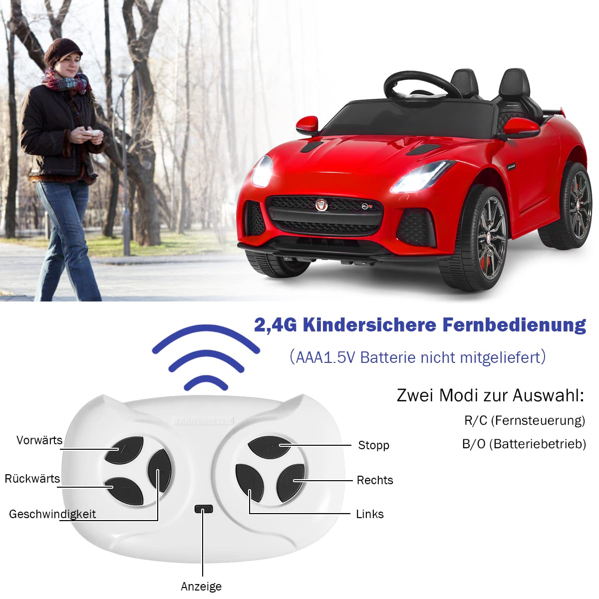 COSTWAY Jaguar elektryczny samochód dziecięcy z historiami, muzyką, klaksonem i reflektorem, 12 V, z pilotem zdalnego sterowania 2,4 G, samochód elektryczny 3-5 km/h, dla dzieci od 3 lat (czerwony)
