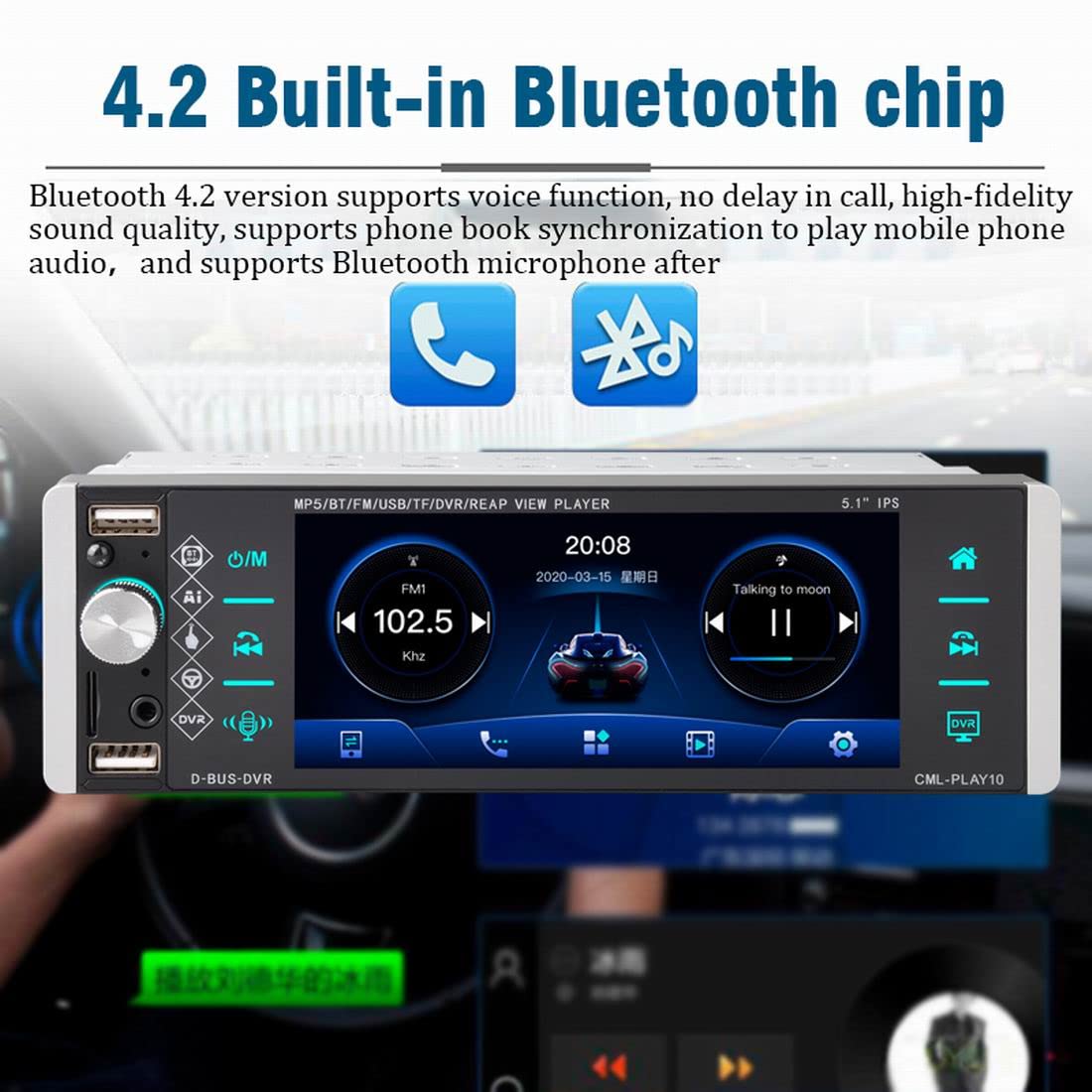 5,1 Pulgadas 1Din 5188 Reproductor MP5 para Coche IPS Pantalla de Prensa Control de Voz Radio RDS Am FM 4USB interconexión bidireccional