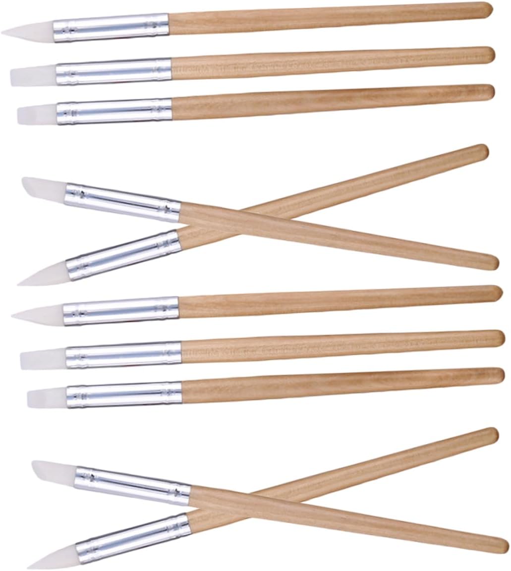 VILLCASE 10-Piece Silicone Tip Clay Sculpting Tools Set for Students Soft Head Pottery Carving Pens Wooden Handles for Embossing and Modeling Crafts
