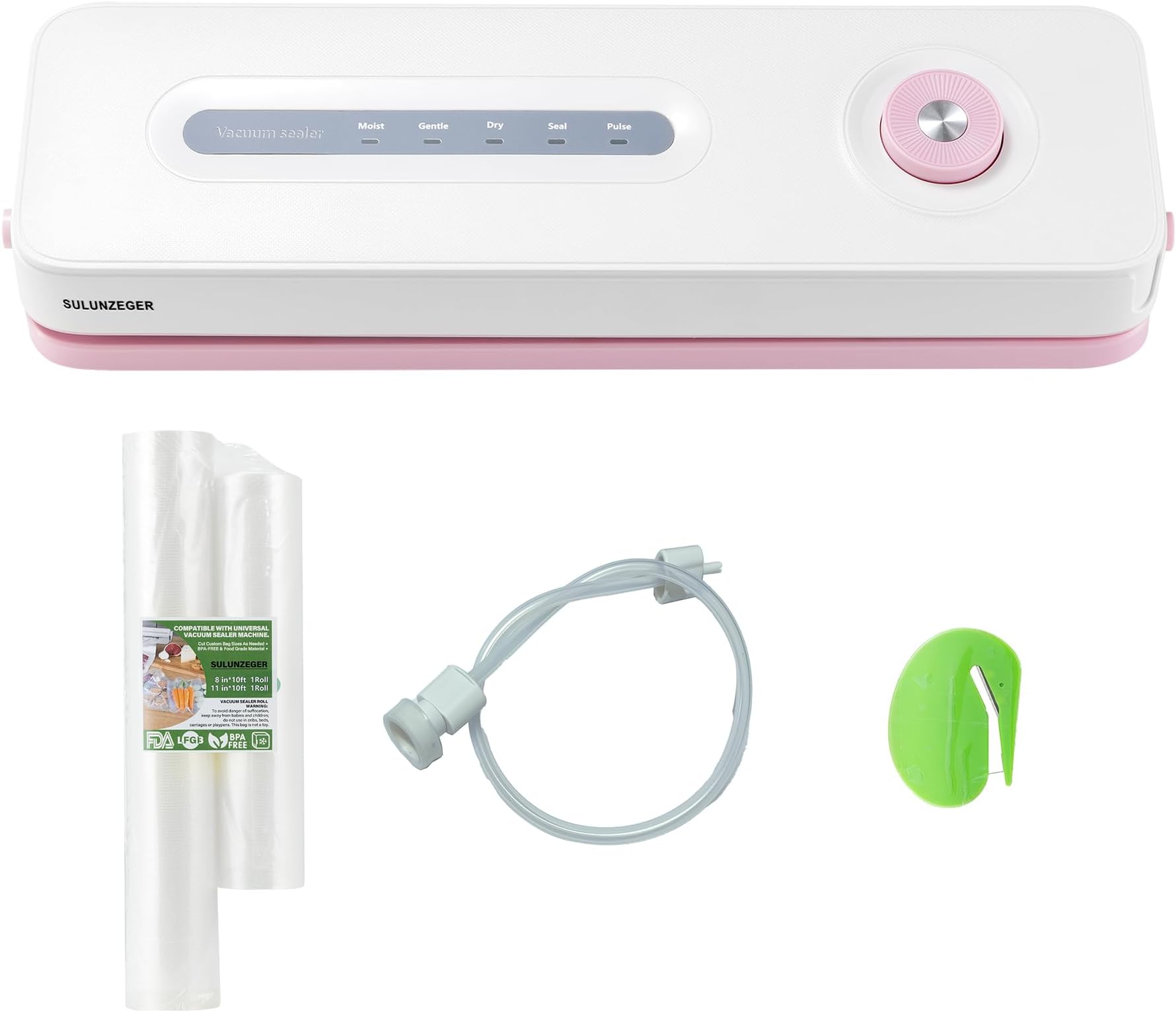Vacuum Sealer Machine, Food Vacuum Sealer with Vacuum Storage Rolls and Bags, Knob Button Full Automatic Sealing Machine with LED Indicator Lights, Air Suction Hose and Cutter (Pink -White)