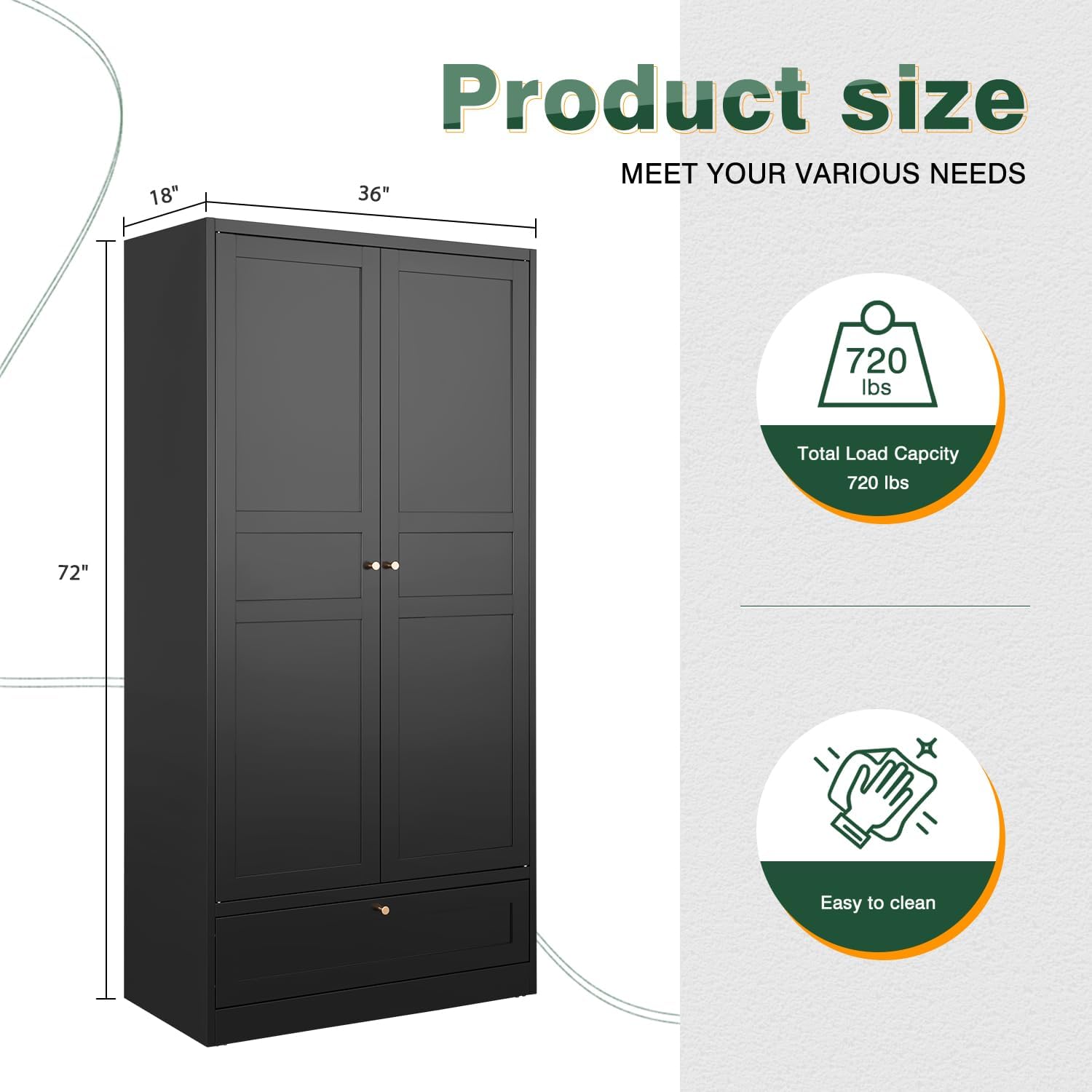 Diagram showing the dimensions of the Letaya Wardrobe Closet (72 inches high, 36 inches wide, 18 inches deep) and icons for total load capacity (720 lbs) and easy to clean.