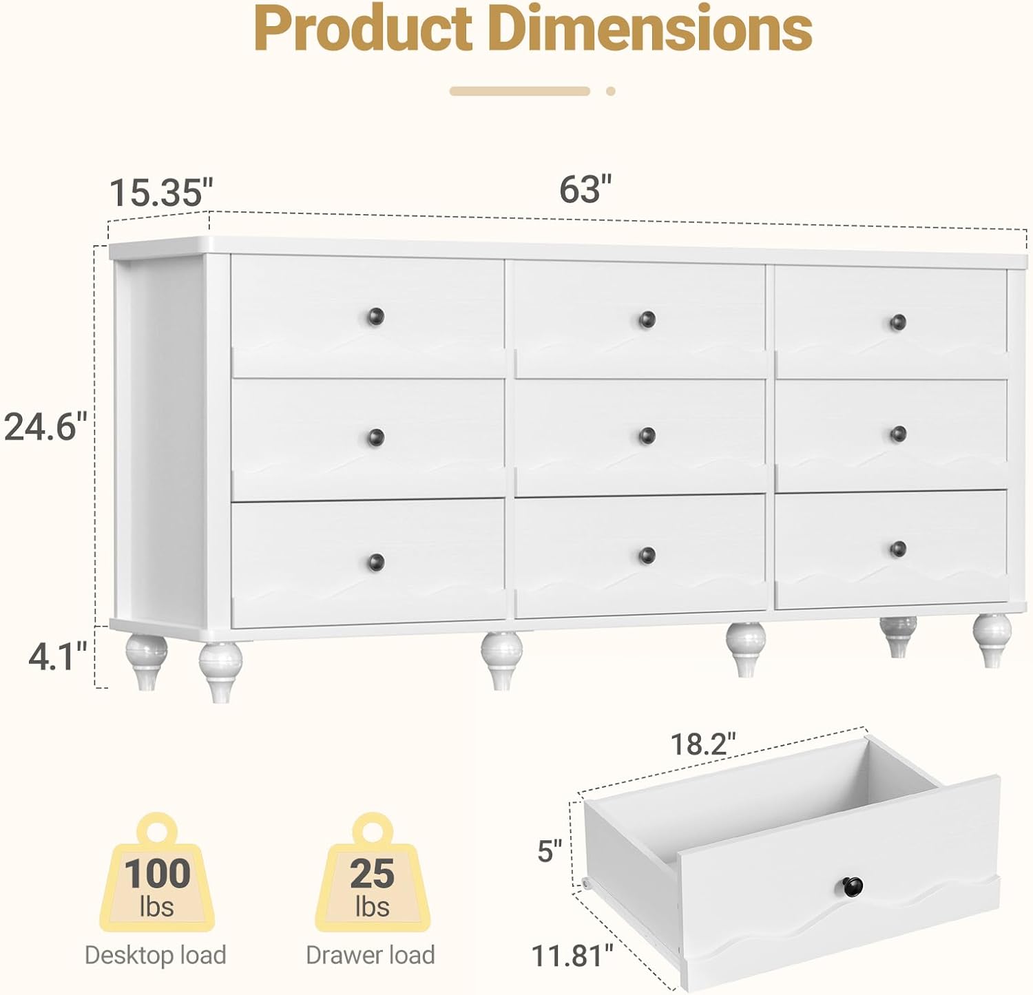 Cyclysio 9 Drawer Dresser for Bedroom, Modern Wood Chest of Drawers with Scalloped Design and Gourd Feet, 63" Wide Dresser TV Stand for Living Room, Hallway, Bedroom (White)