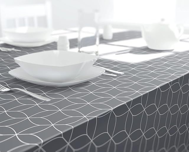 Dehaus® Wipe Clean Table Cloth - Large Grey Geo Flow | Wipe Clean PVC Oilcloth Table Cover | Rectangular Plastic Vinyl Tablecloth | Water Resistant & Easy To Clean | Kitchen or Dining Table Protector