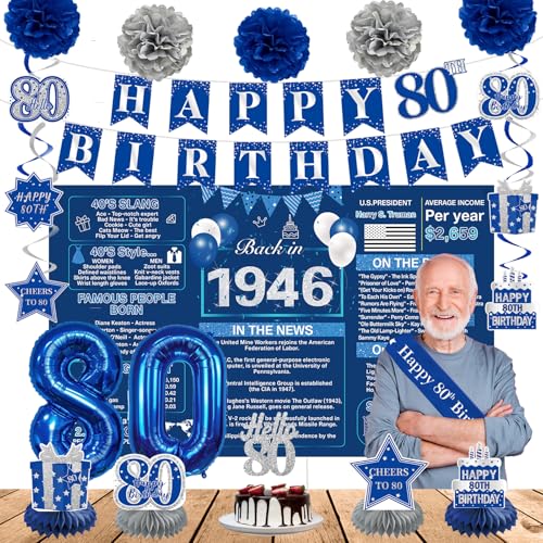 Crenics Blue 1946 80th Birthday Decorations for Men Women
