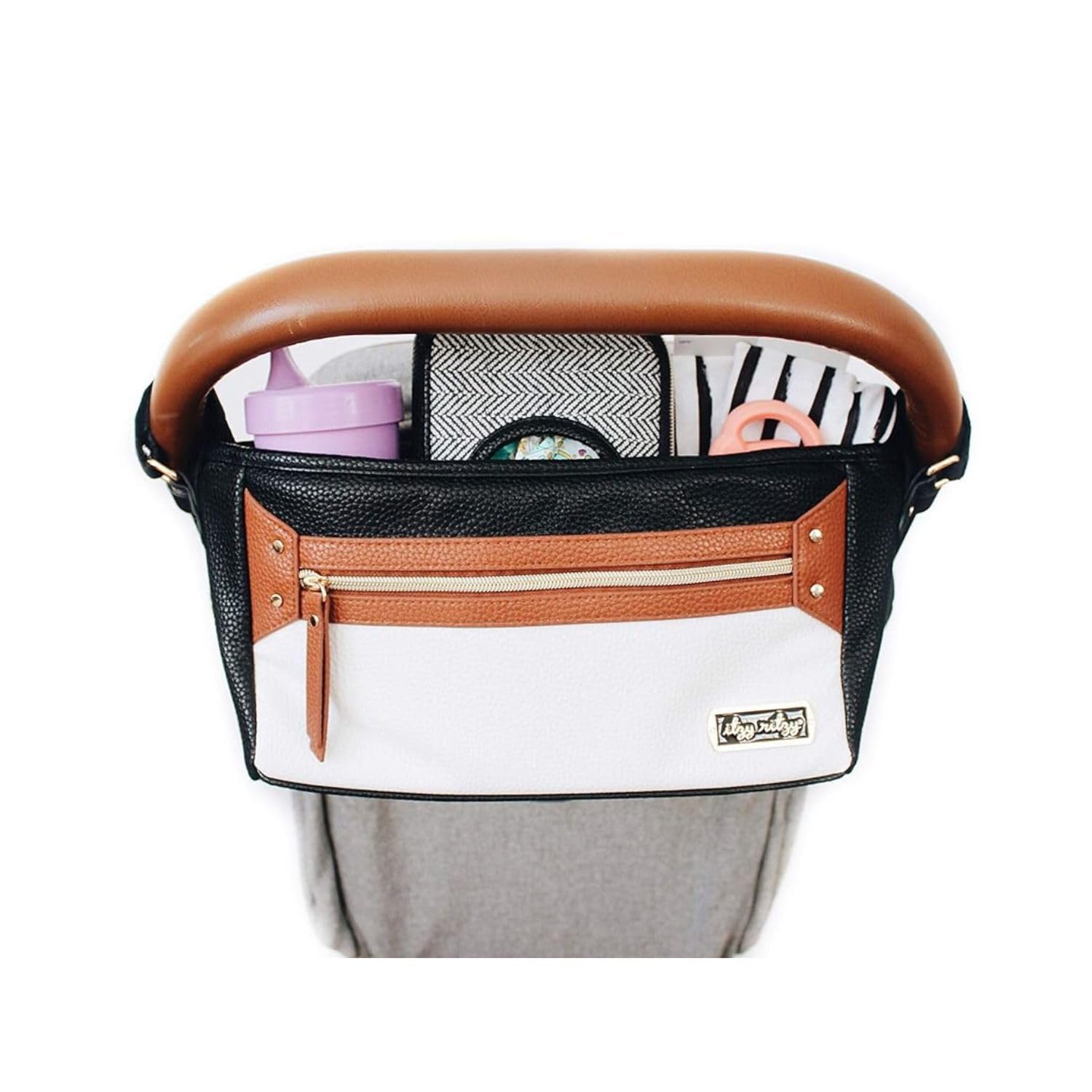 Itzy Ritzy Baby Pram Bag – Universal Pushchair Organiser with 2 Built-in Cup Holders, Zipped Pocket Buggy Bag Compartment, Stroller Accessories Fit for Baby Essentials for Moms - Coffee & Cream