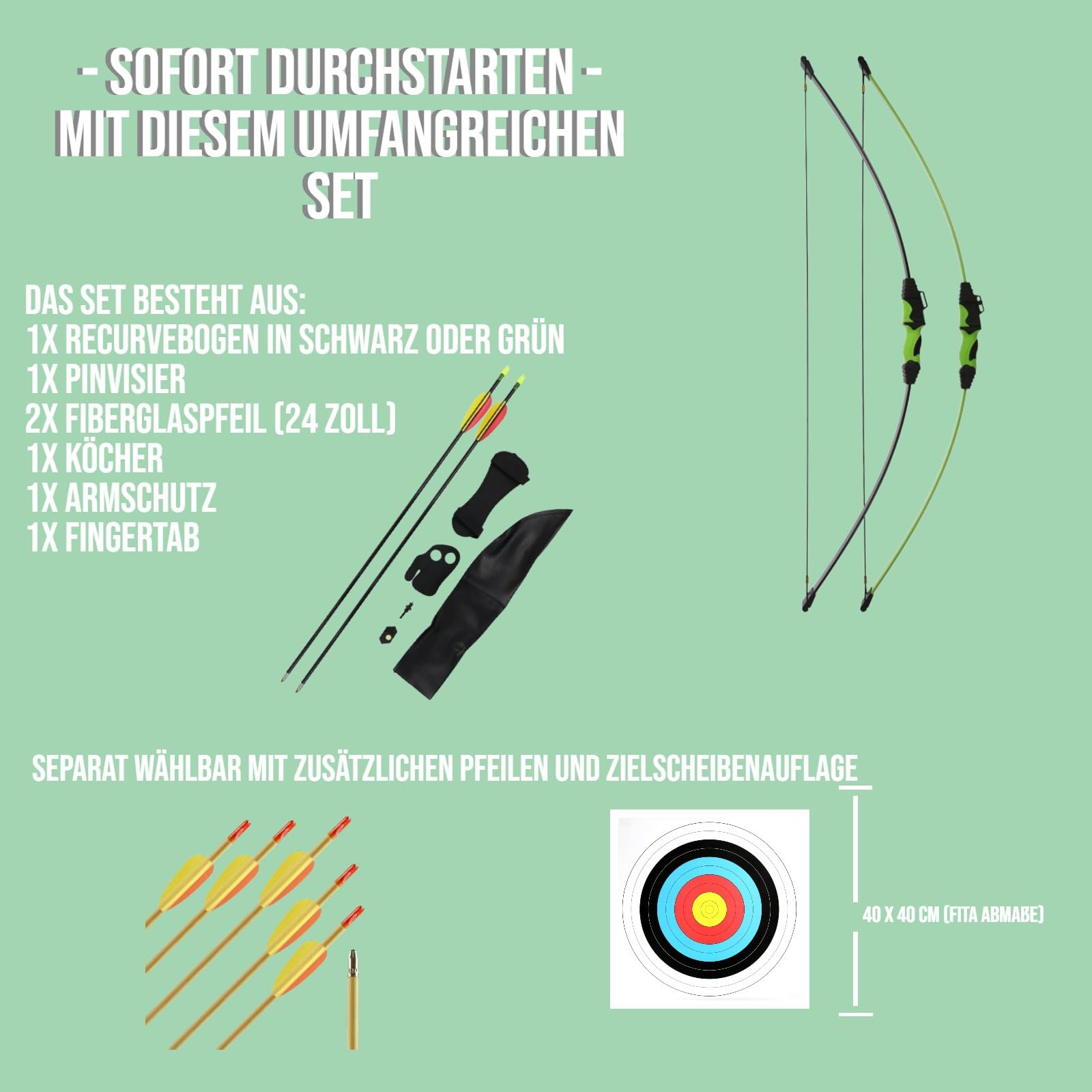Set - Ideal für Junge Bogenschützen - Recurvebogen 18 lbs ab 8J. inkl. Zubehör für spannende Bogenschießabenteuer, beidhändig