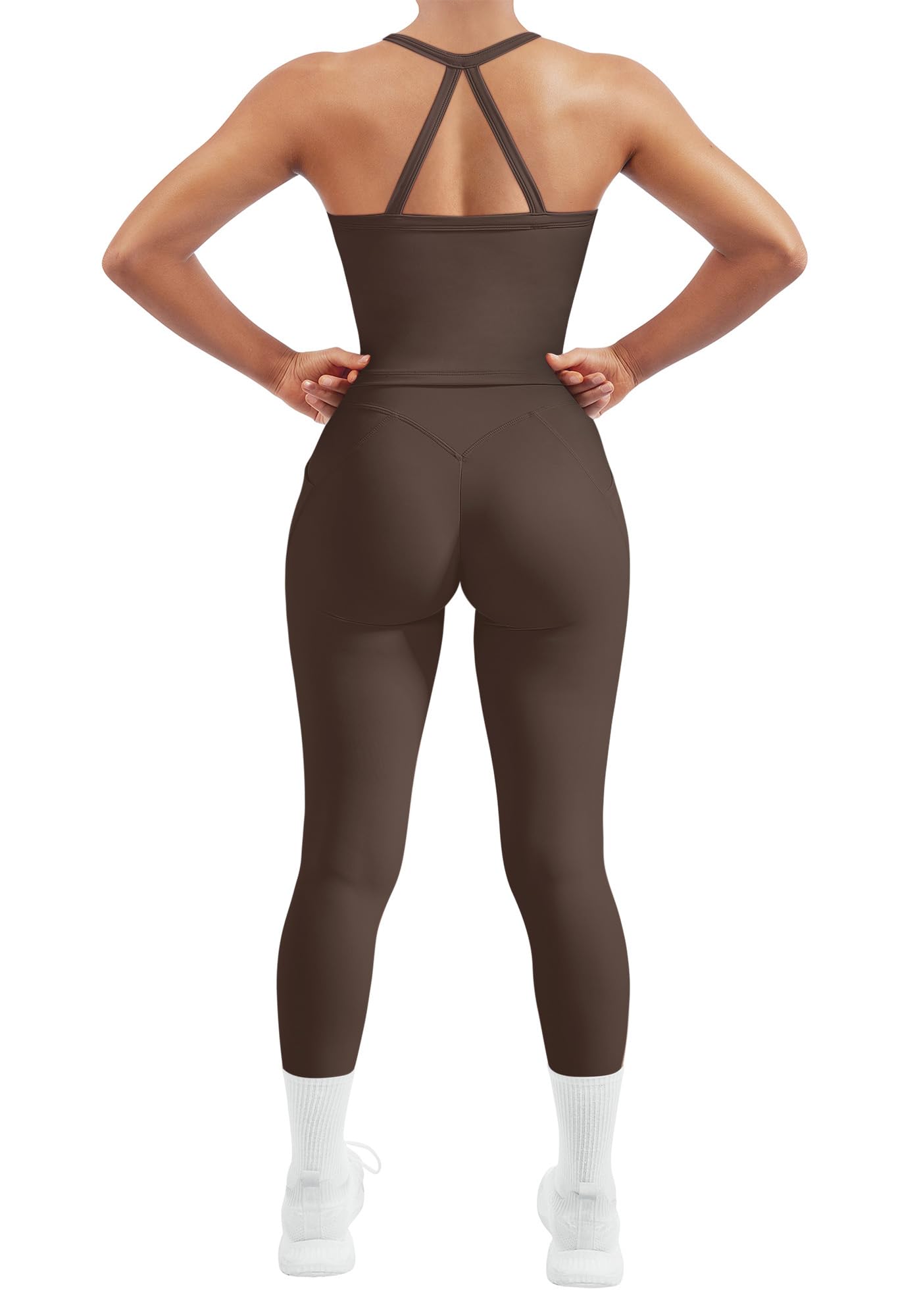 Women 2 Piece Workout Sets Compression Tummy Control Leggings with Pockets Halter Built in Bra Tank Tops-image-13