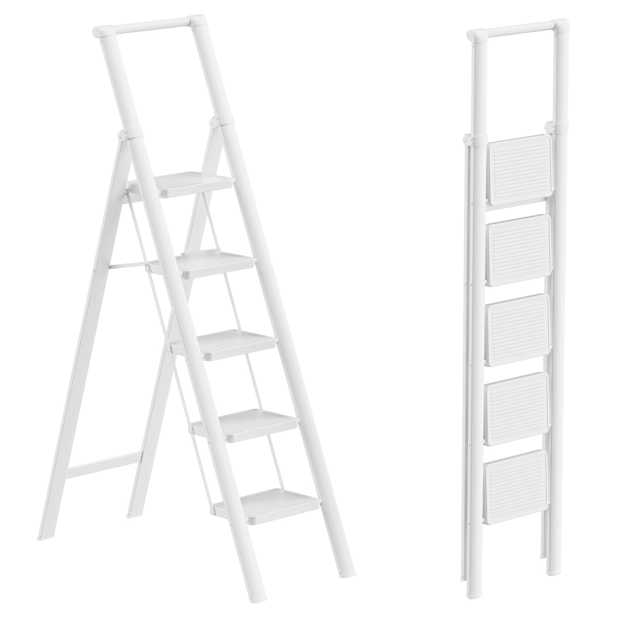 5 Step Ladder, Foldable 5 Step Stool, White