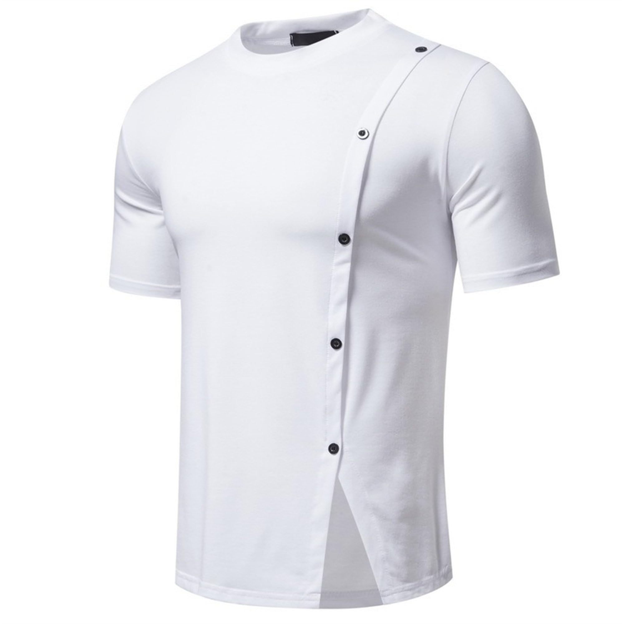 Men Split Hem Irregular Short Sleeve Shirt Crew Neck Button Decorate T Shirts Summer Trendy Fashion Simple Pullover (White,X-Large)