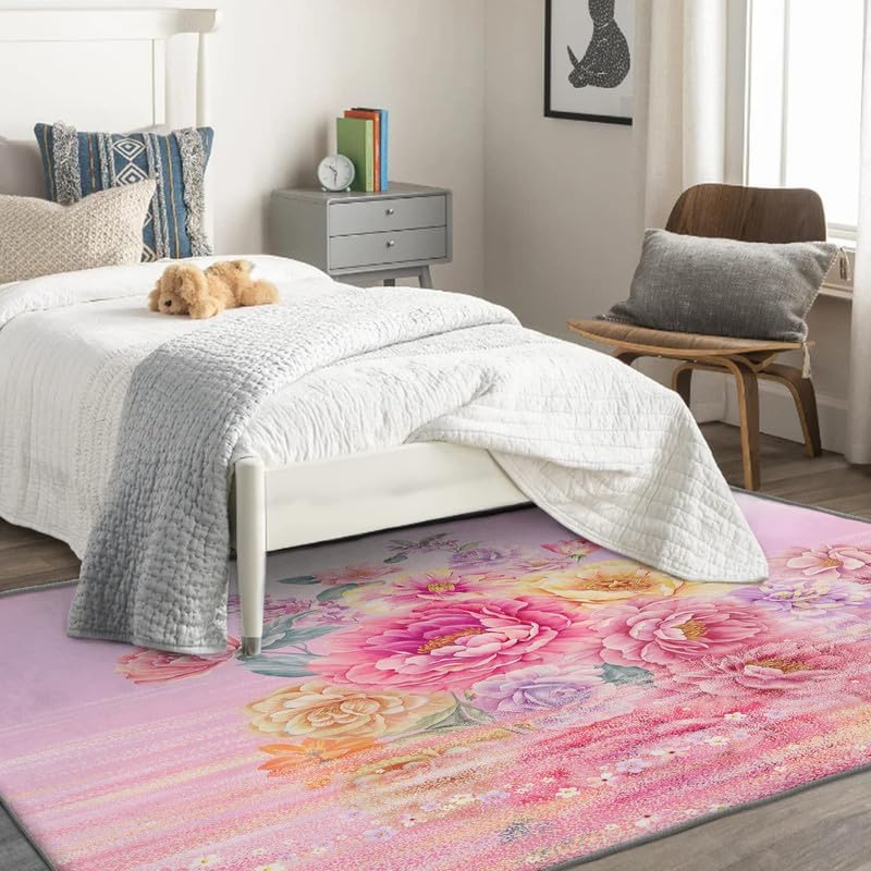 Miniatura 2 de Alfombra floral pequeña de 2 x 3 para entrada, alfombra de flores para decoración de dormitorio, sala de estar, alfombra de suelo estampada rosa