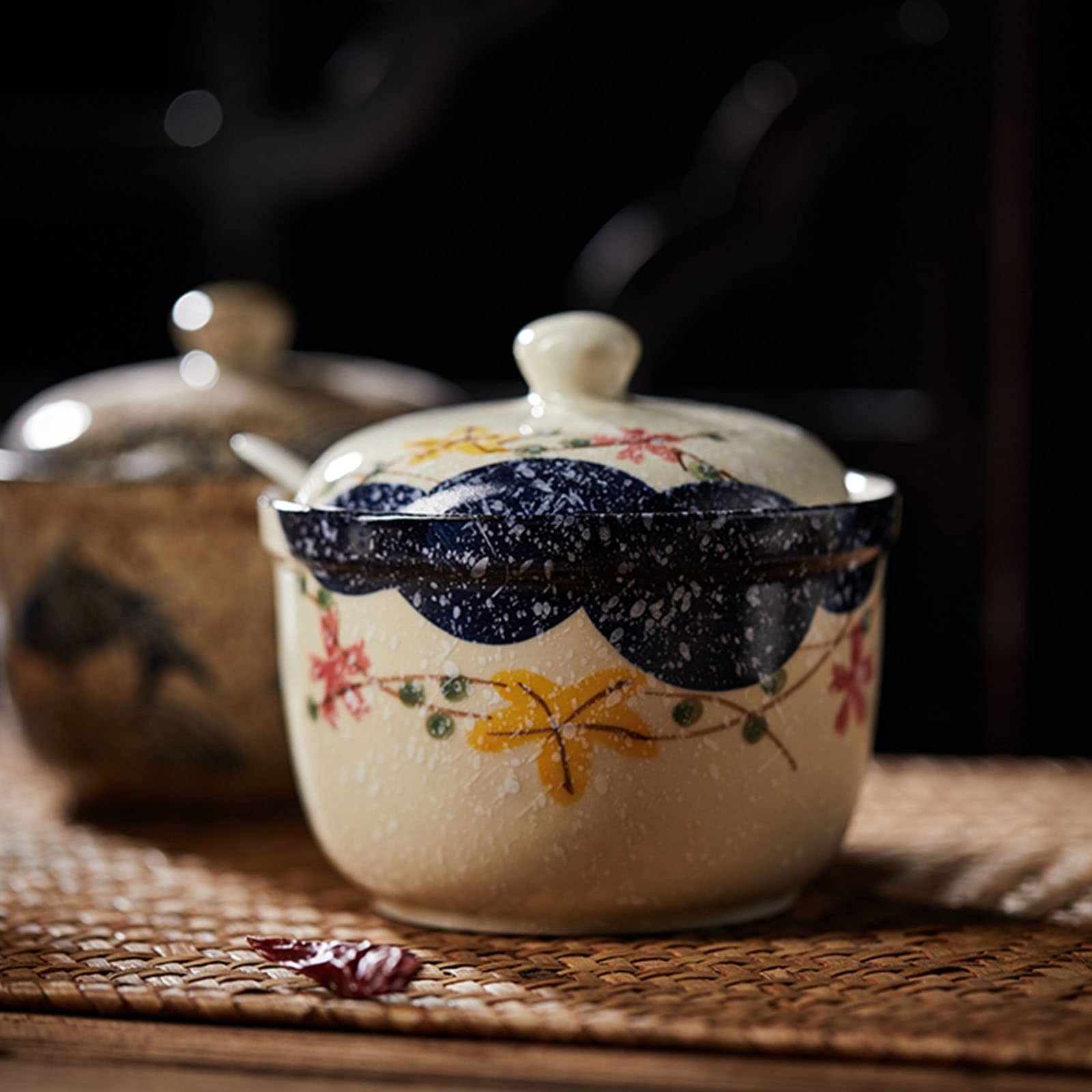 tarro para especias, Tarros de especias, azucarero estilo campestre con tapa, japonés pintado a mano, tarro for recipiente azúcar, condimentos, bote 370 ml