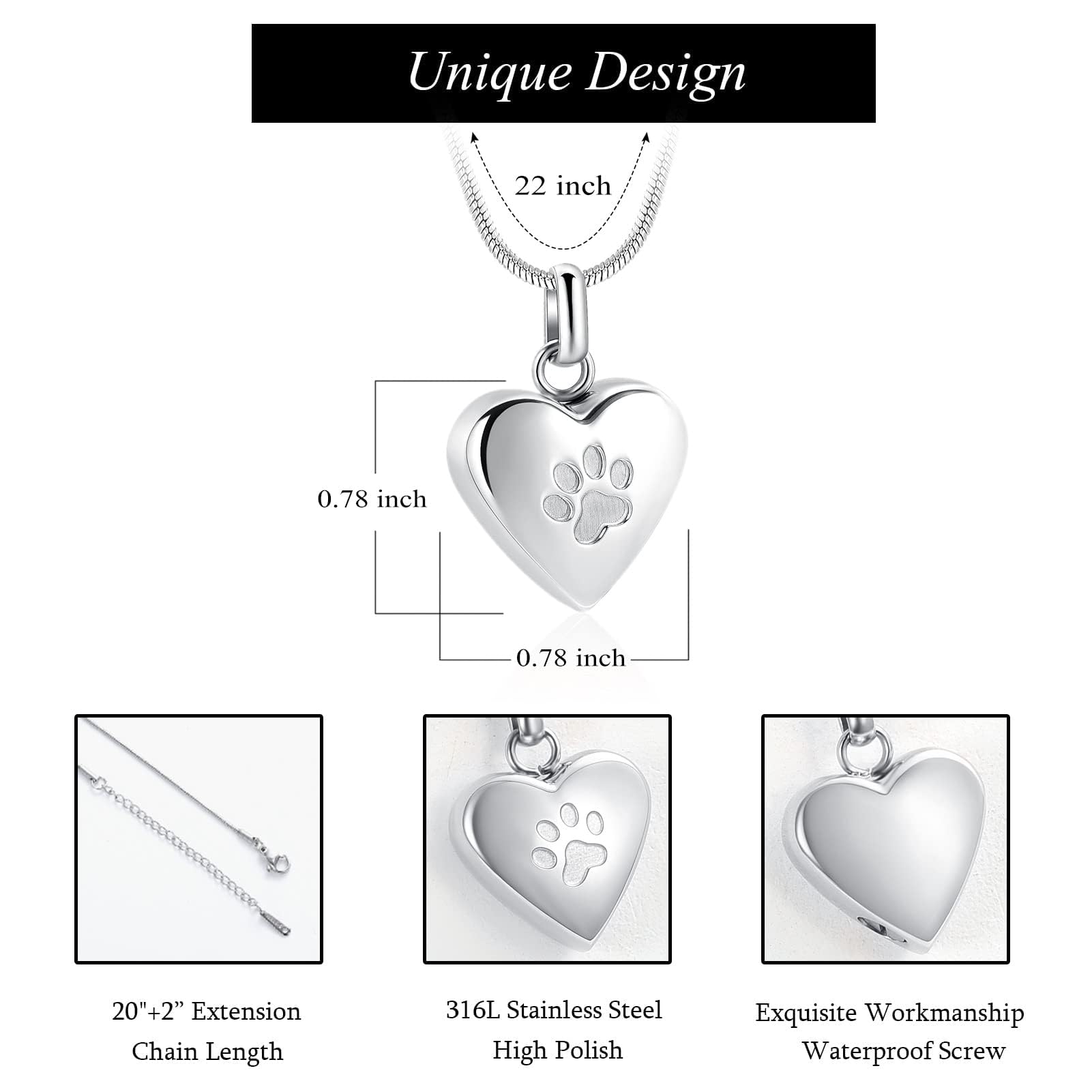 Pet Cremation Jewelry - Paw Print & Heart Urn Pendant Necklace Memorial Keepsake for Dog's & Cat's Ashes, Silver, 0.78*0.78 inch - Image 4
