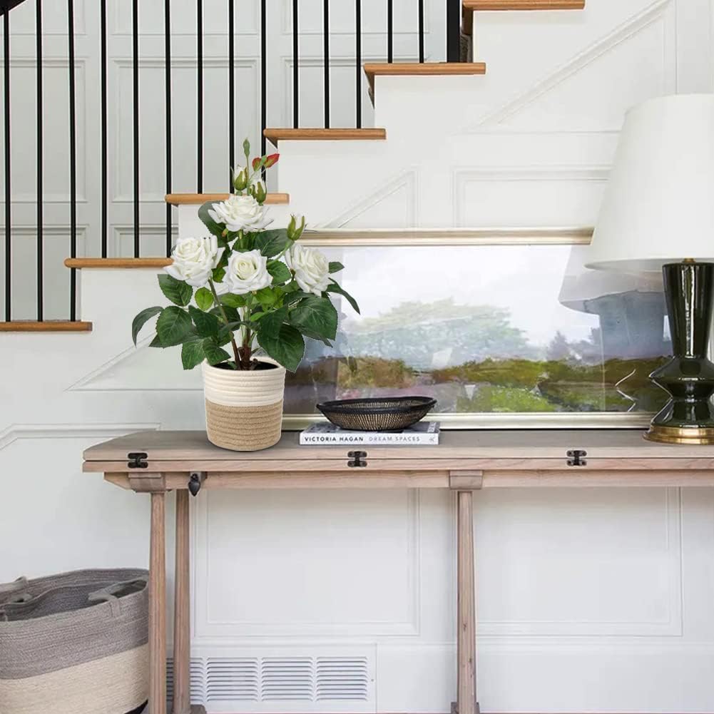 Hollyone Artificial Plants & Flowers with Vase White Roses Artificial Flowers Potted Plant Faux Silk Flower with Black Pot Fake Rose Flower Arrangement Home Decor Table Desk Decorations 15 Inch - Image 6